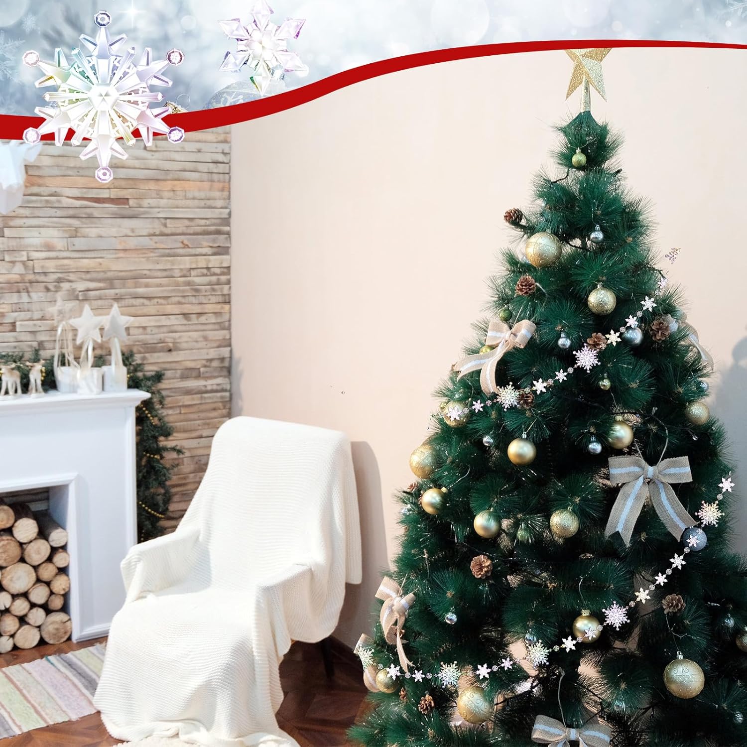 Guirnalda de árbol de copo de nieve de Navidad, guirnalda colgante de copos de nieve de cristal, adornos para árbol de Navidad, adornos temáticos de