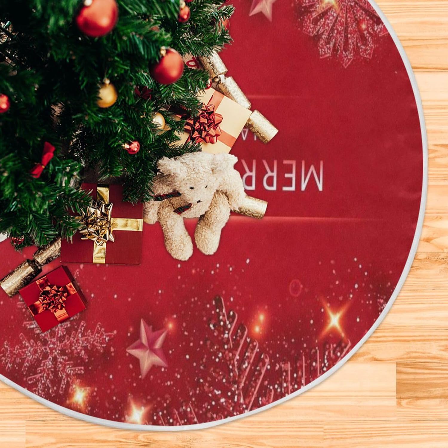 Falda de base de árbol de copos de nieve brillantes de Navidad, decoraciones de árboles Chrismast, falda de árbol, lavable a máquina, faldas de