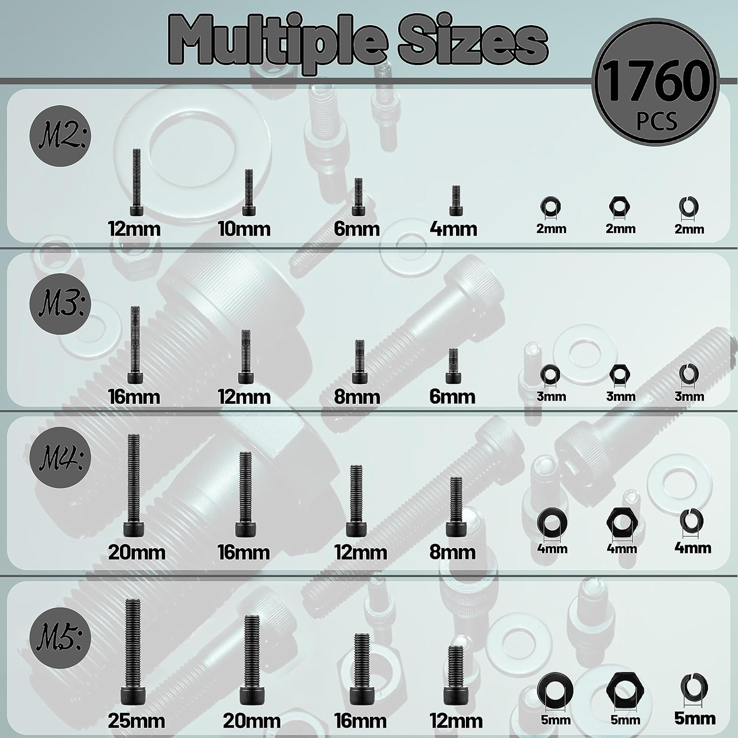 Juego de 1760 tornillos métricos surtidos M2 M3 M4 M5, grado 12.9 de acero de aleación de acero de aleación de casquillo hexagonal, tornillos