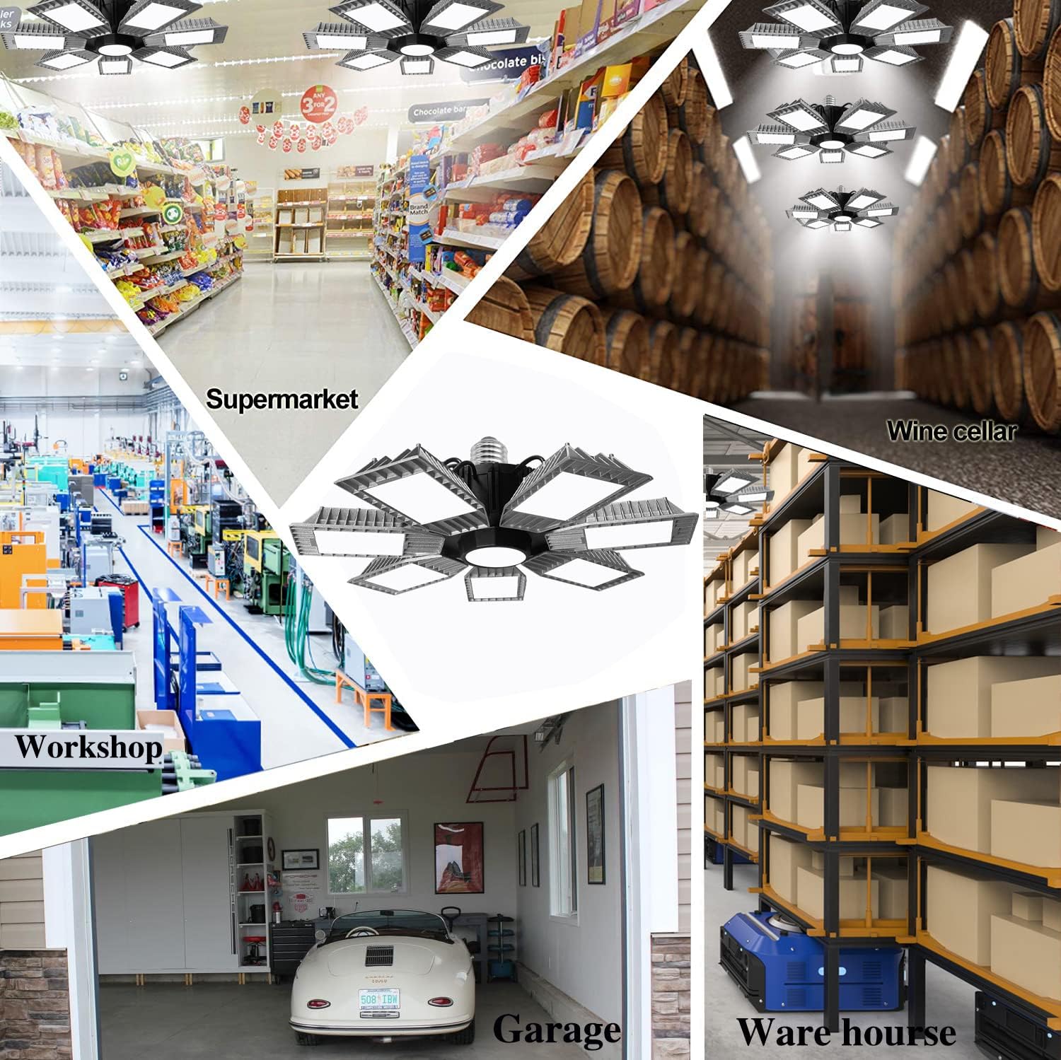 Luz LED de garaje, luz LED ultra brillante de 250 W con 7 paneles ajustables, 25000LM 6500K luces LED de techo de garaje deformables para garaje,