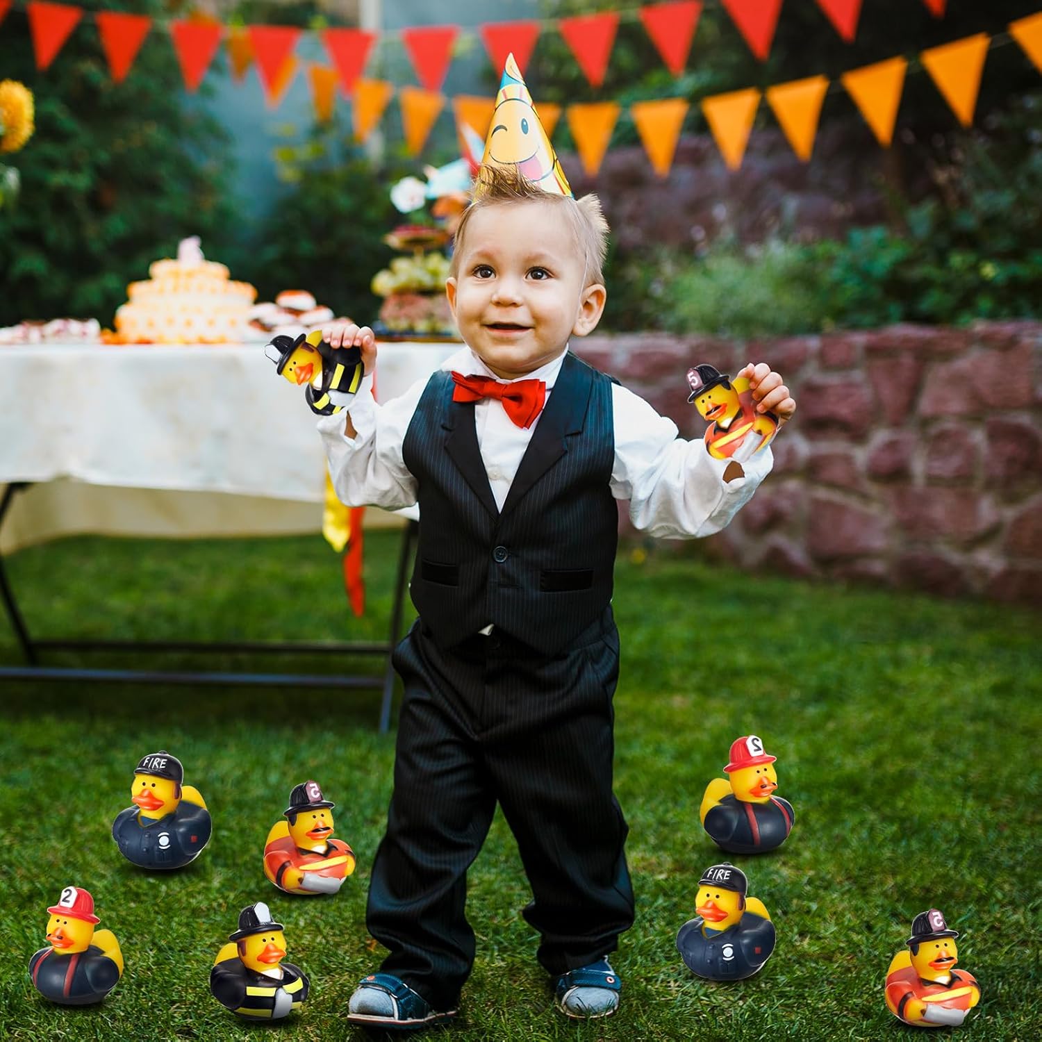 Deekin Mini bombero de goma de pato, bombero, héroe, patos de goma, bombero, héroe, juguete de baño para temática de bombero, fiesta de cumpleaños,
