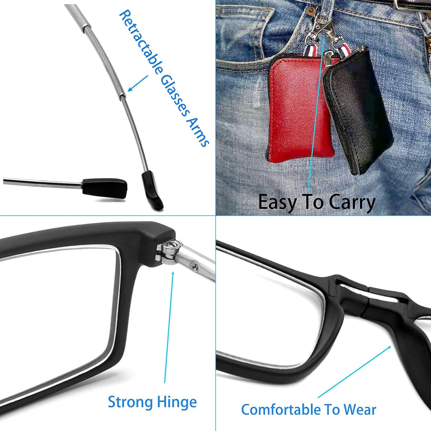 GOOSEN Gafas de lectura para mujeres y hombres, bolsas de llavero, lectores plegables compactos, lentes transparentes, lentes de luz azul, bisagra