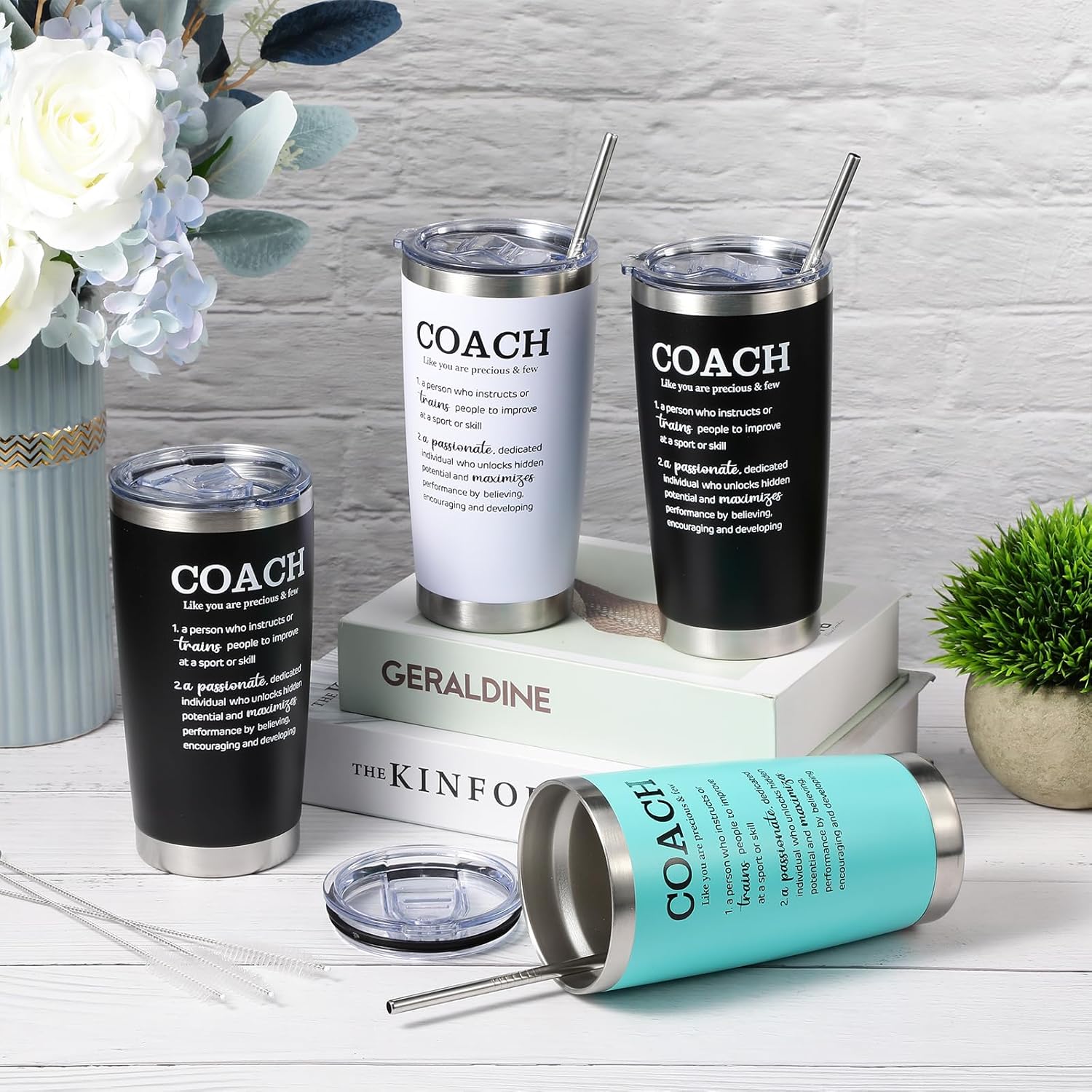 Paquete de 6 vasos de viaje de acero inoxidable de 20 onzas con tapa, popote y cepillo, regalo de agradecimiento para hombres y mujeres, voleibol,