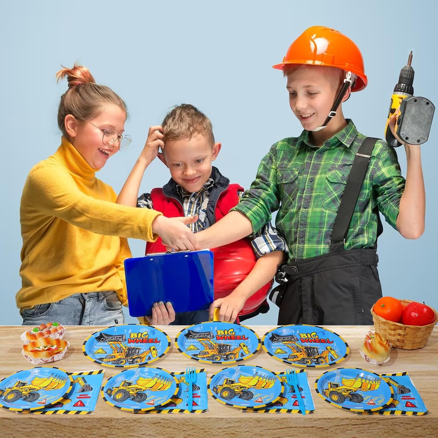 SCIONE 96 piezas de suministros de fiesta de construcción, platos de camión volquete, decoraciones de fiesta de cumpleaños para niños, juego de