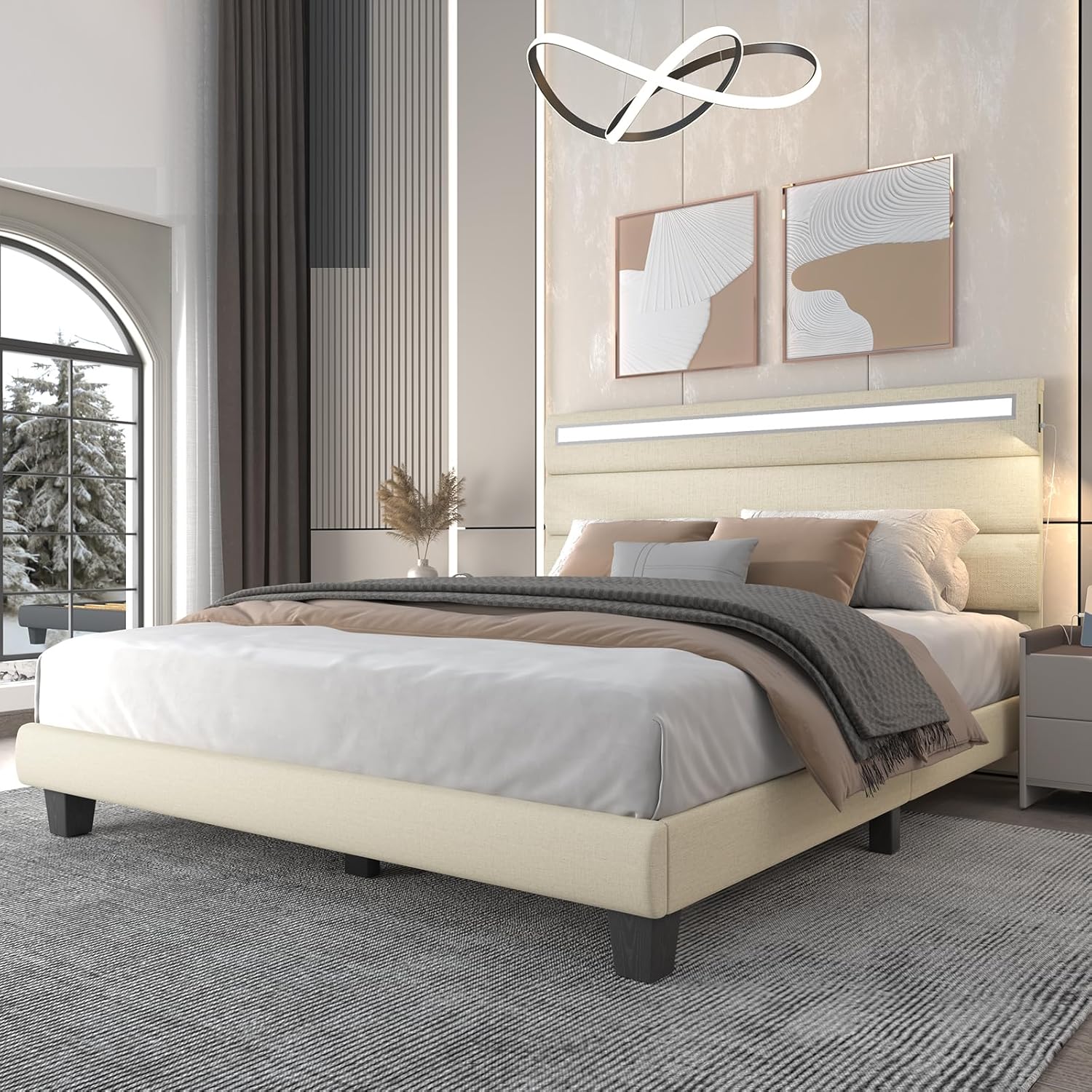 Base de cama de tamaño matrimonial con estación de carga y luces LED, marco de cama tapizado moderno con cabecero, camas de tela de lino, listones