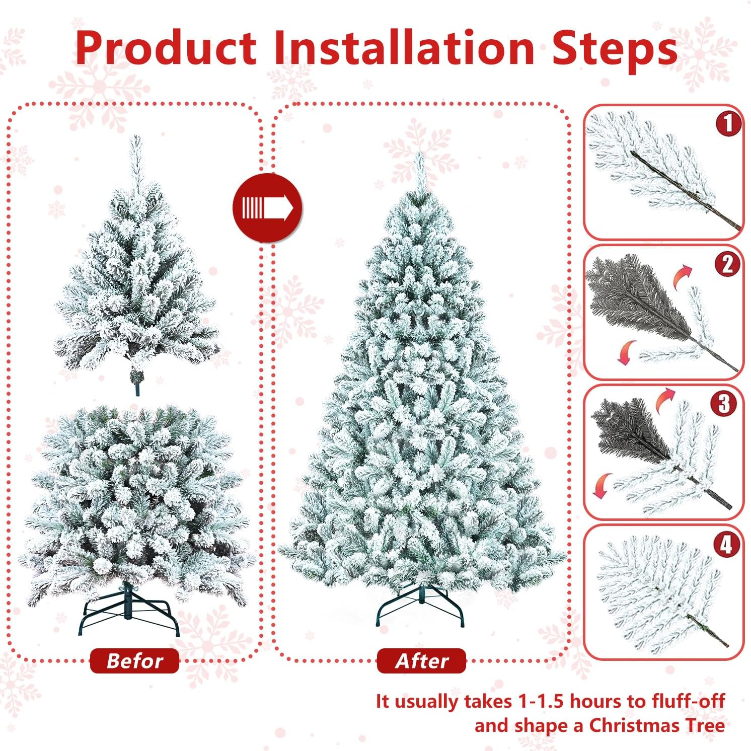 Árbol de Navidad artificial flocado de 5 pies, árbol de Navidad blanco para el hogar, oficina, vacaciones, fiesta, decoración interior y exterior,