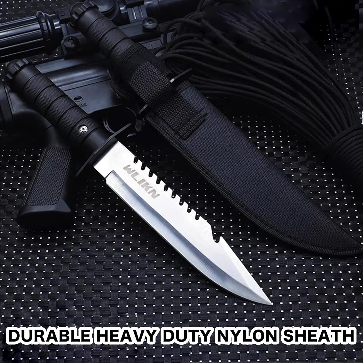 Wlikn Cuchillo de hoja fija con funda, cuchillo Bowie de supervivencia de hoja de un solo borde de 5 pulgadas con mango antideslizante, para
