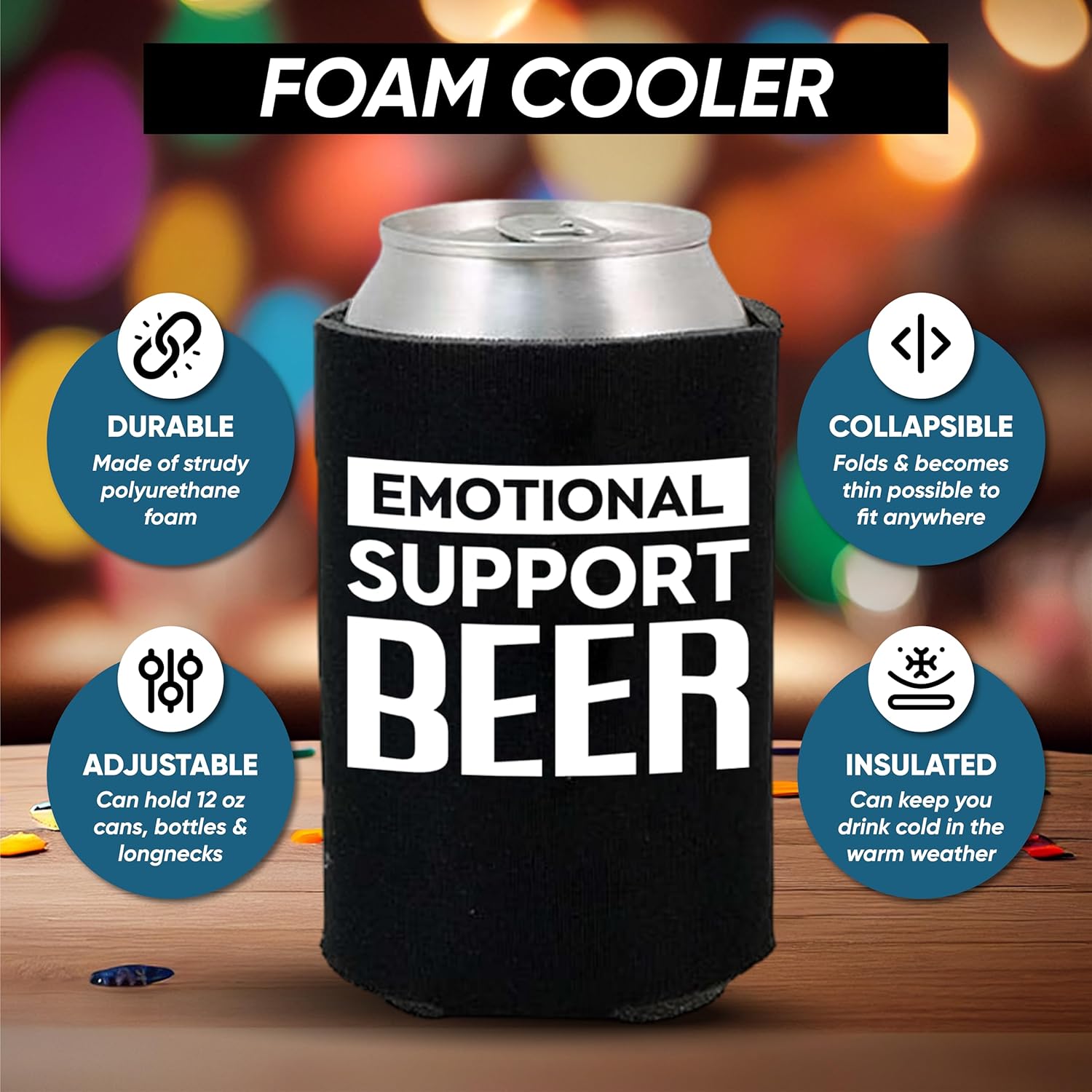 Soporte emocional divertido para latas de cerveza con aislamiento térmico para bebidas con soda, cerveza Hugger Coolies (negro, 2 unidades)