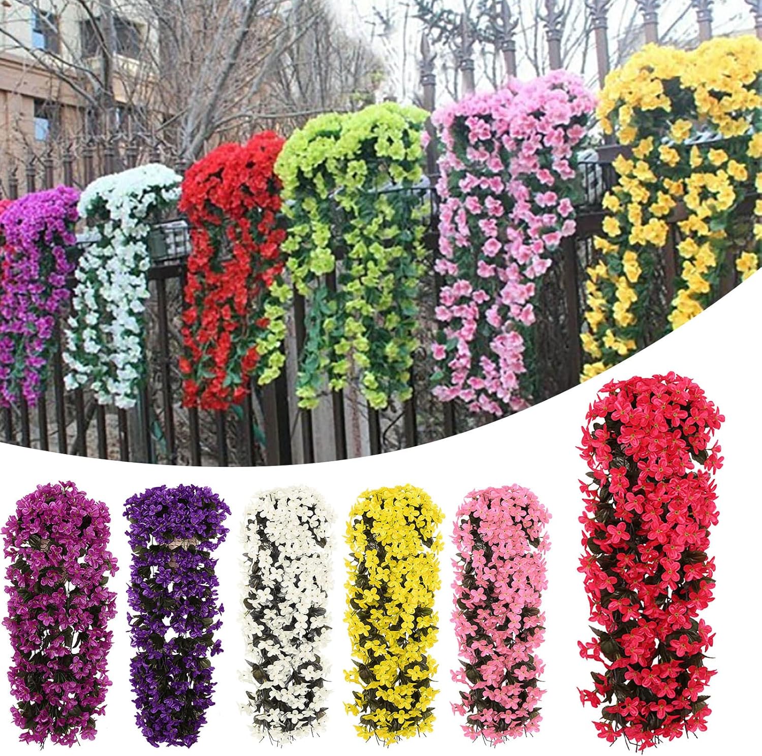 Flores de imitación, flores de seda, guirnalda violeta sintética para exteriores, cesta colgante roja, ramo de flores violetas, guirnalda colgante