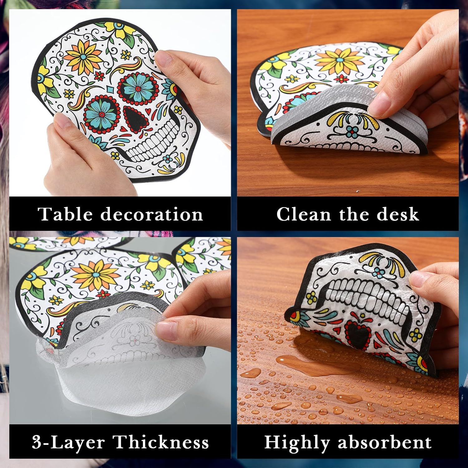 100 servilletas de Día de los Muertos, decoraciones de Día de los Muertos, servilletas de cóctel de flores de calavera de azúcar, servilletas de