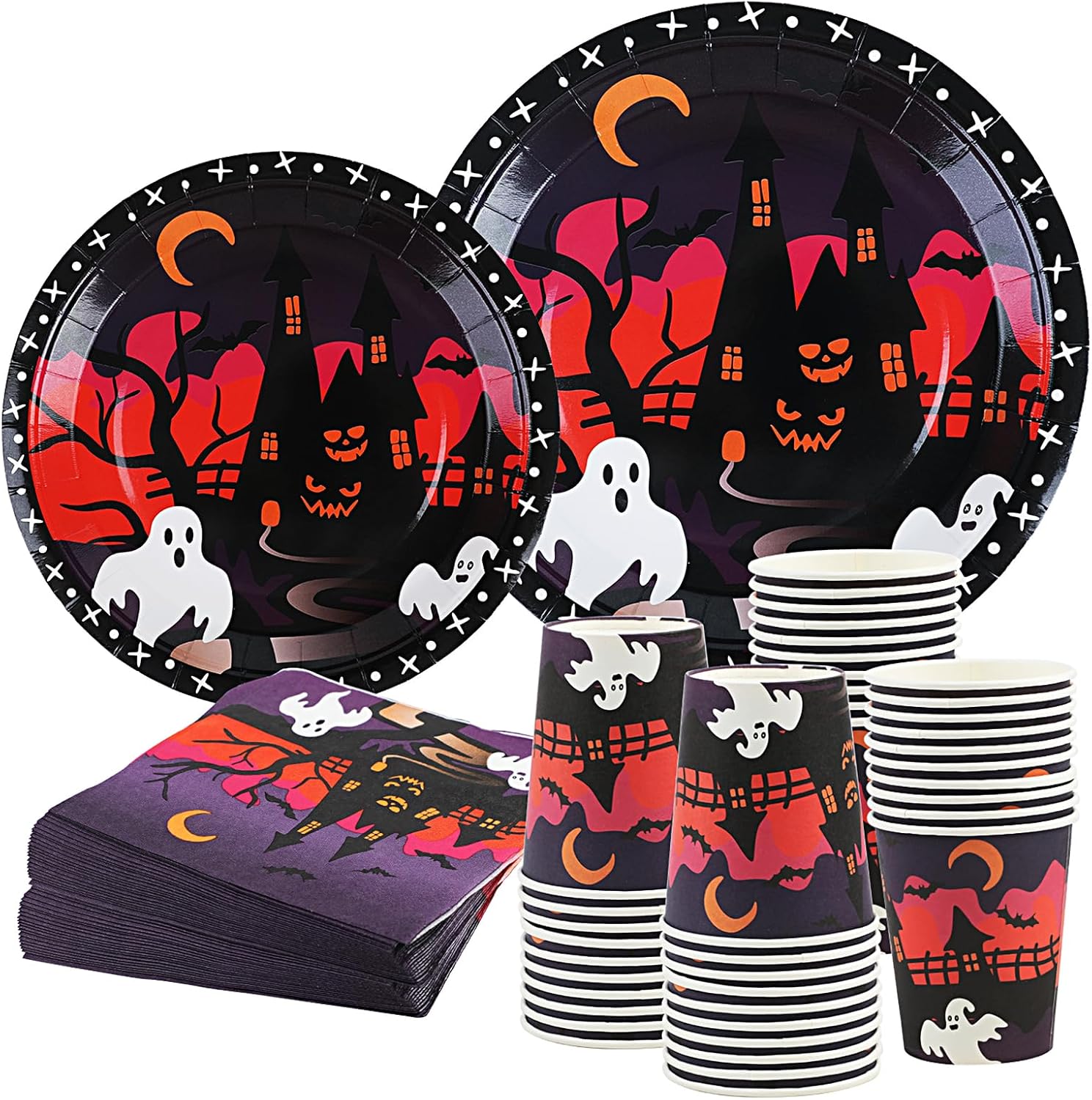 DIYASY Platos y servilletas de Halloween, suministros para fiesta, platos de papel y tazas, platos desechables para cena, platos de postre a granel,