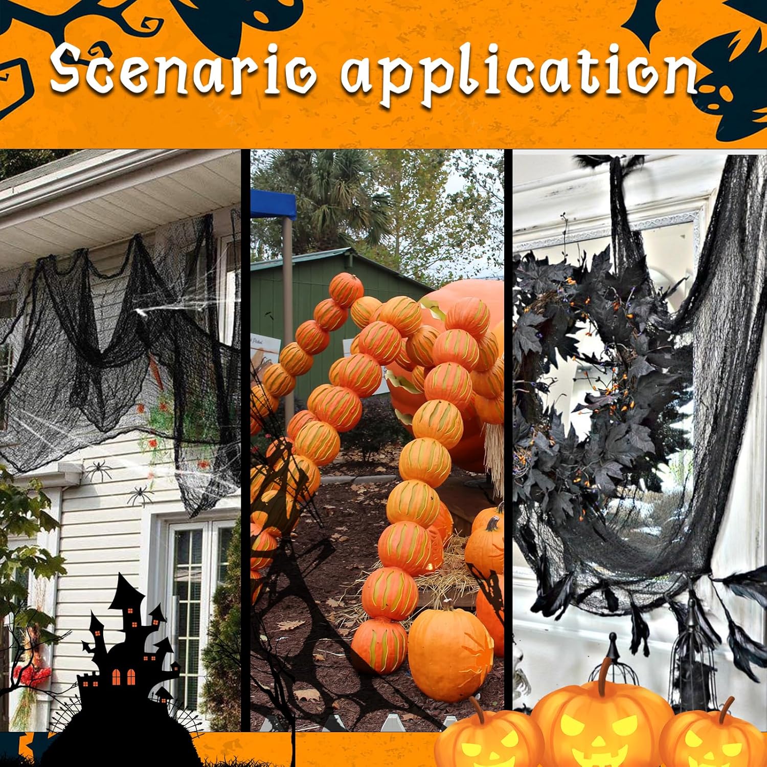 Tela espeluznante de Halloween de 197 x 85 pulgadas, paño de tela espeluznante negro para decoración de interiores y exteriores, gasa aterradora