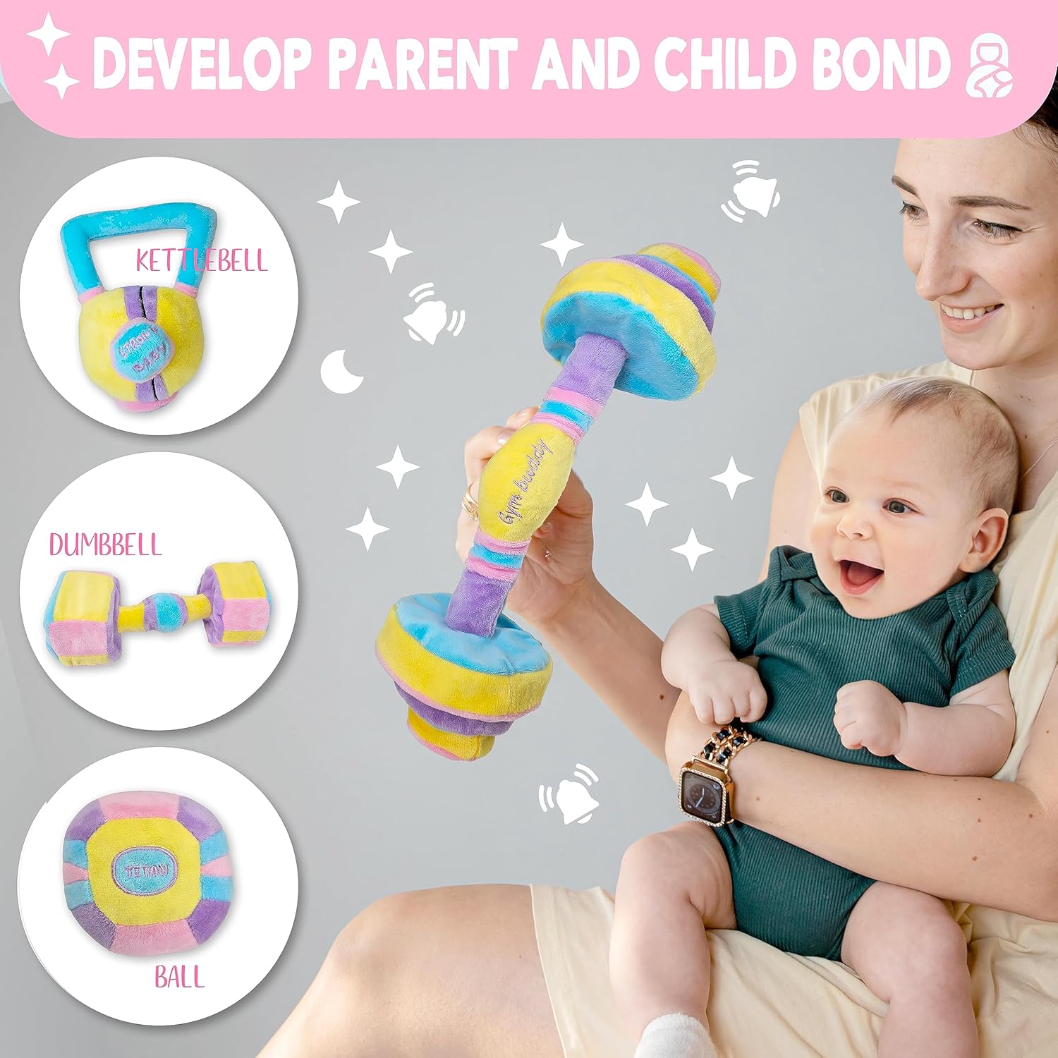 Skywin Juguetes con pesas para bebés, accesorios para fotos de bebé, juguetes de entrenamiento para bebés, juguete con mancuernas para bebé, juguete