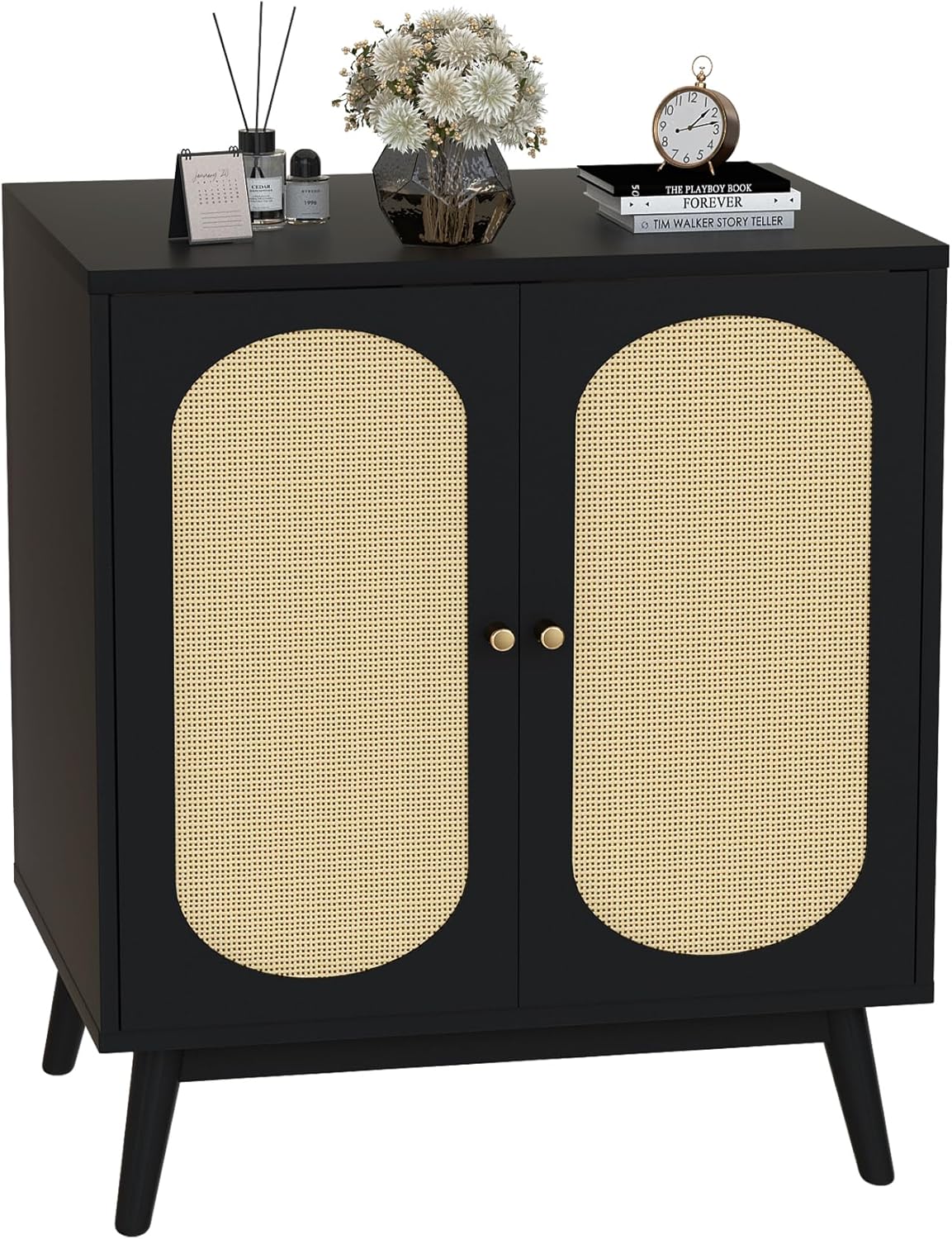 AWQM Armario buffet, armario de ratán natural con pies de madera maciza, armario de almacenamiento de cocina con 2 puertas, estantes ajustables,
