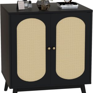 AWQM Armario buffet, armario de ratán natural con pies de madera maciza, armario de almacenamiento de cocina con 2 puertas, estantes ajustables, AWQM Armario buffet, armario de ratán natural con pies de madera maciza, armario de almacenamiento de cocina con 2 puertas, estantes ajustables,