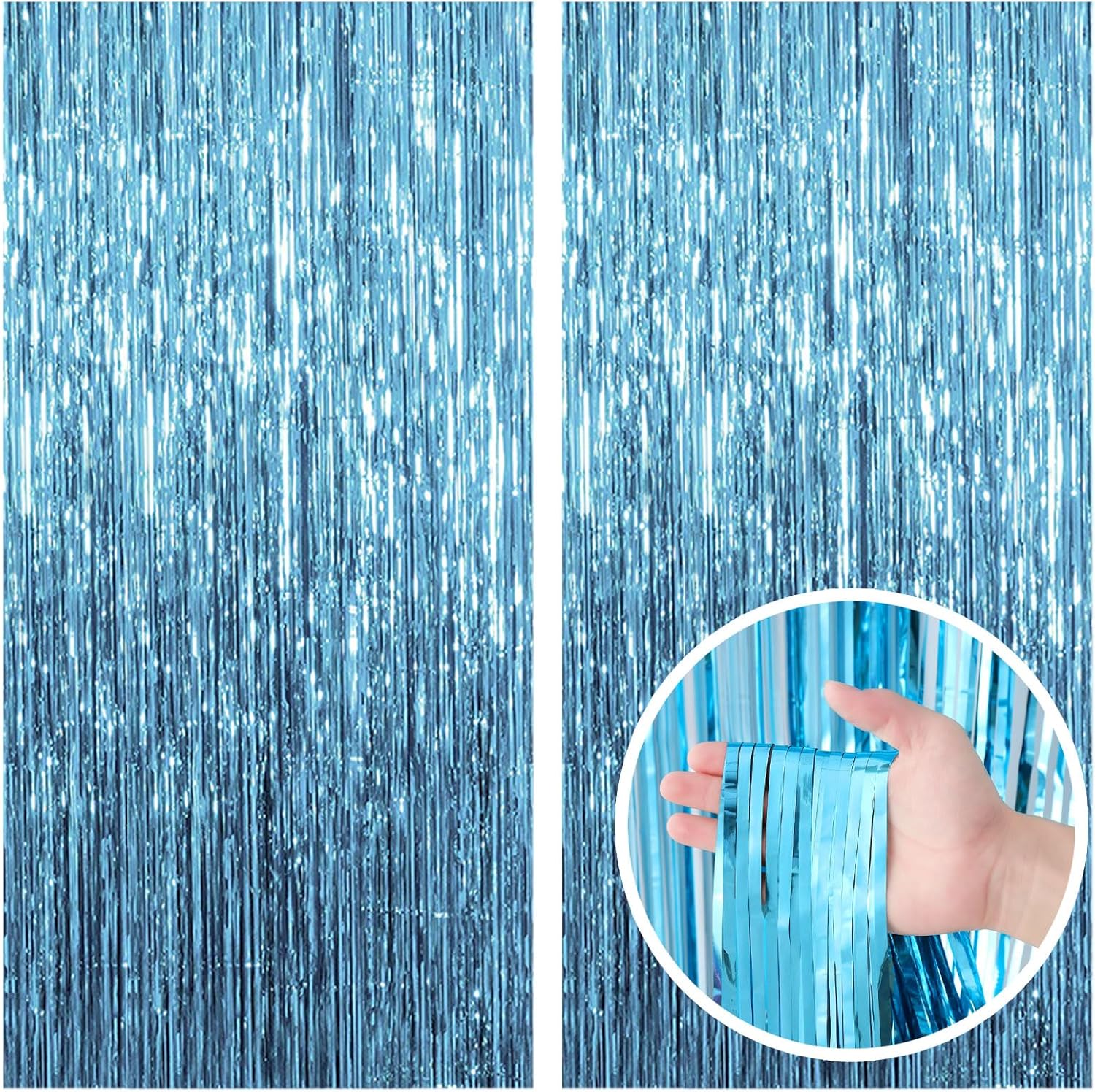 Paquete de 2 cortinas de telón de fondo azul con serpentinas de oropel decoración temática del océano, decoraciones de fiesta de cumpleaños, telón