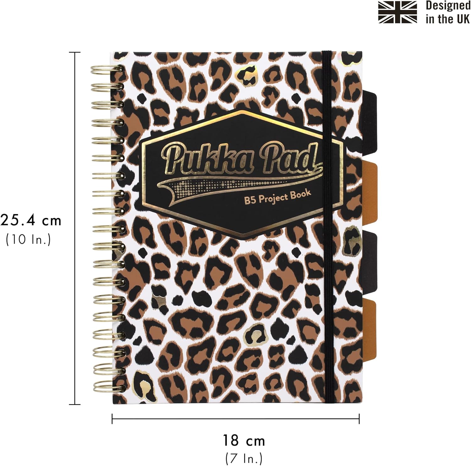Pukka Pad, Wild B5 – Libros de proyectos de tapa dura, paquete de 2 cuadernos encuadernados con diseño de cebra y leopardo, incluye 4 divisores