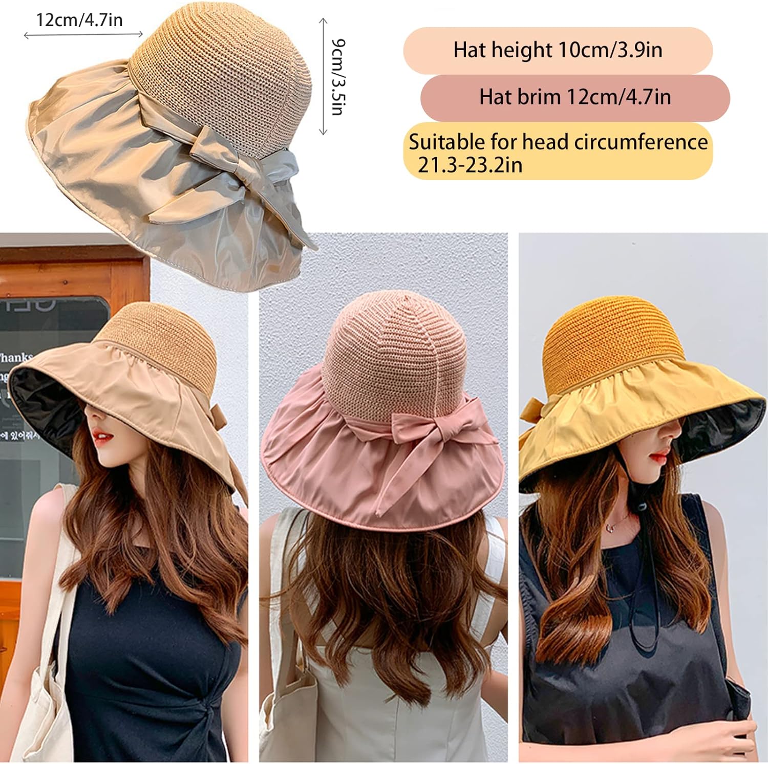 Sombrero de sol para mujer, sombrero de paja con protector solar de playa, sombrero plegable de borde ancho, banda resistente al viento y manga de