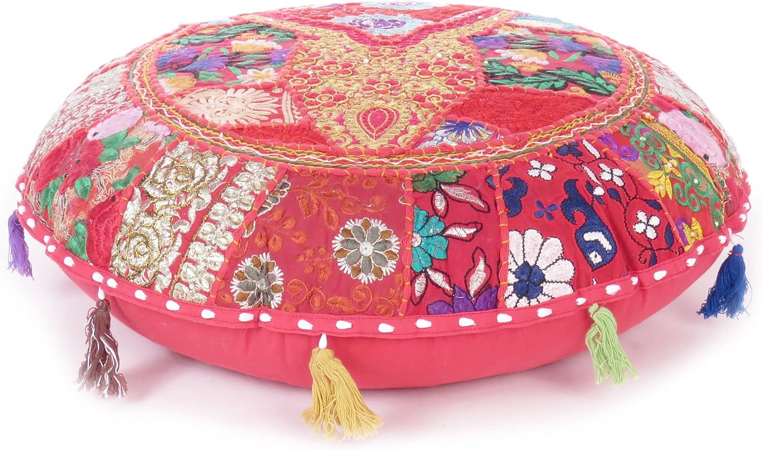 Mam Treasures – Funda de cojín decorativa redonda colorida de retazos para meditación, cojín de meditación, acento bohemio, funda india hecha a mano