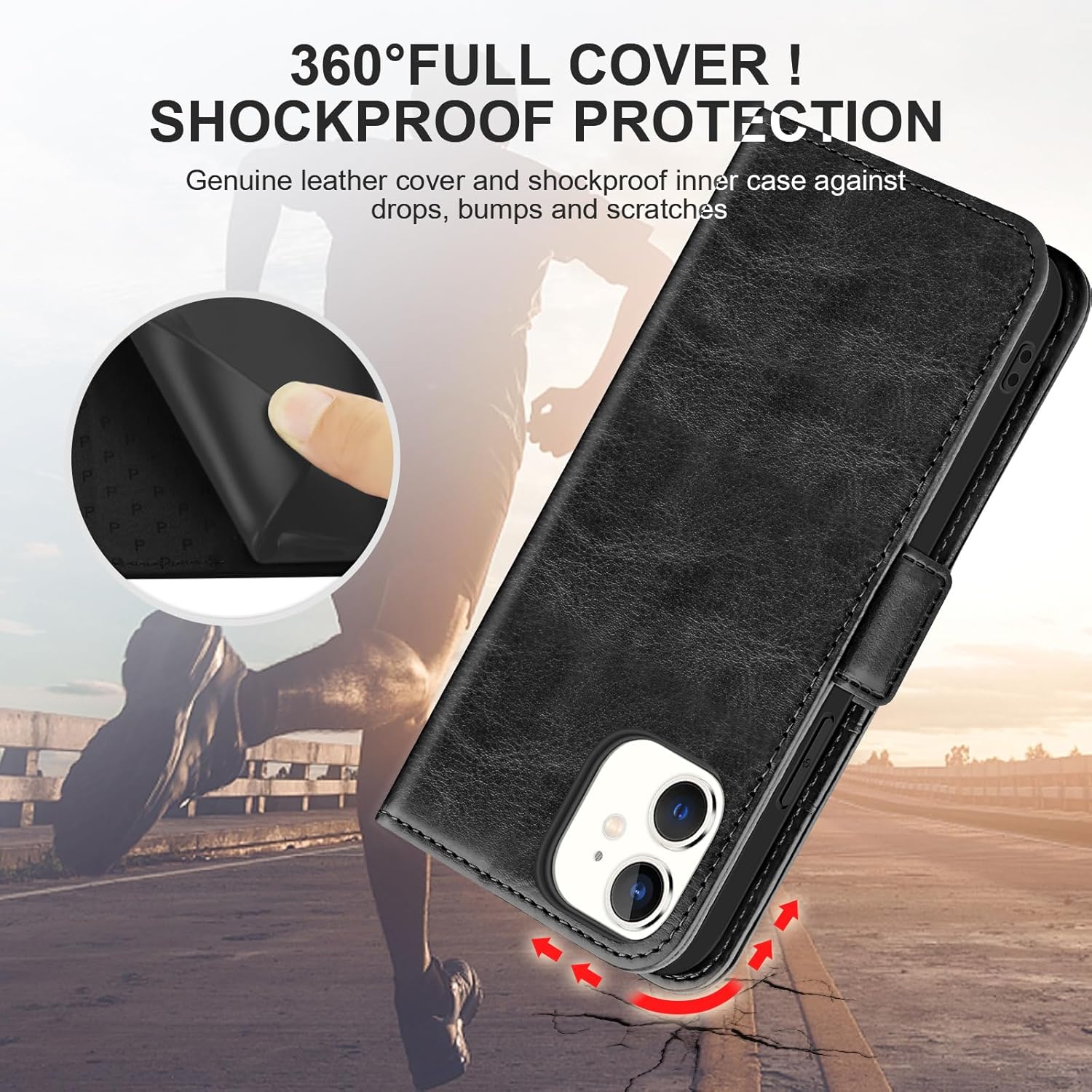 Funda de cuero con tarjetero bloqueo RFID 360 protección completa a prueba de golpes, cierre magnético, con ranuras para tarjetas y correa para la