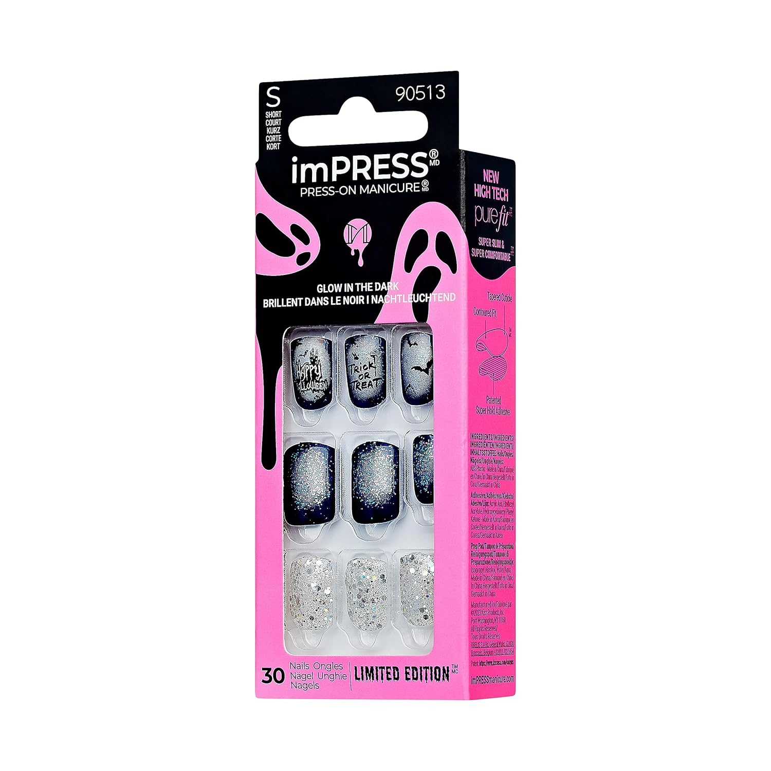 KISS imPRESS – Manicura a presión para Halloween, azul, longitud corta, forma cuadrada, tecnología PureFit, a prueba de astillas, a prueba de