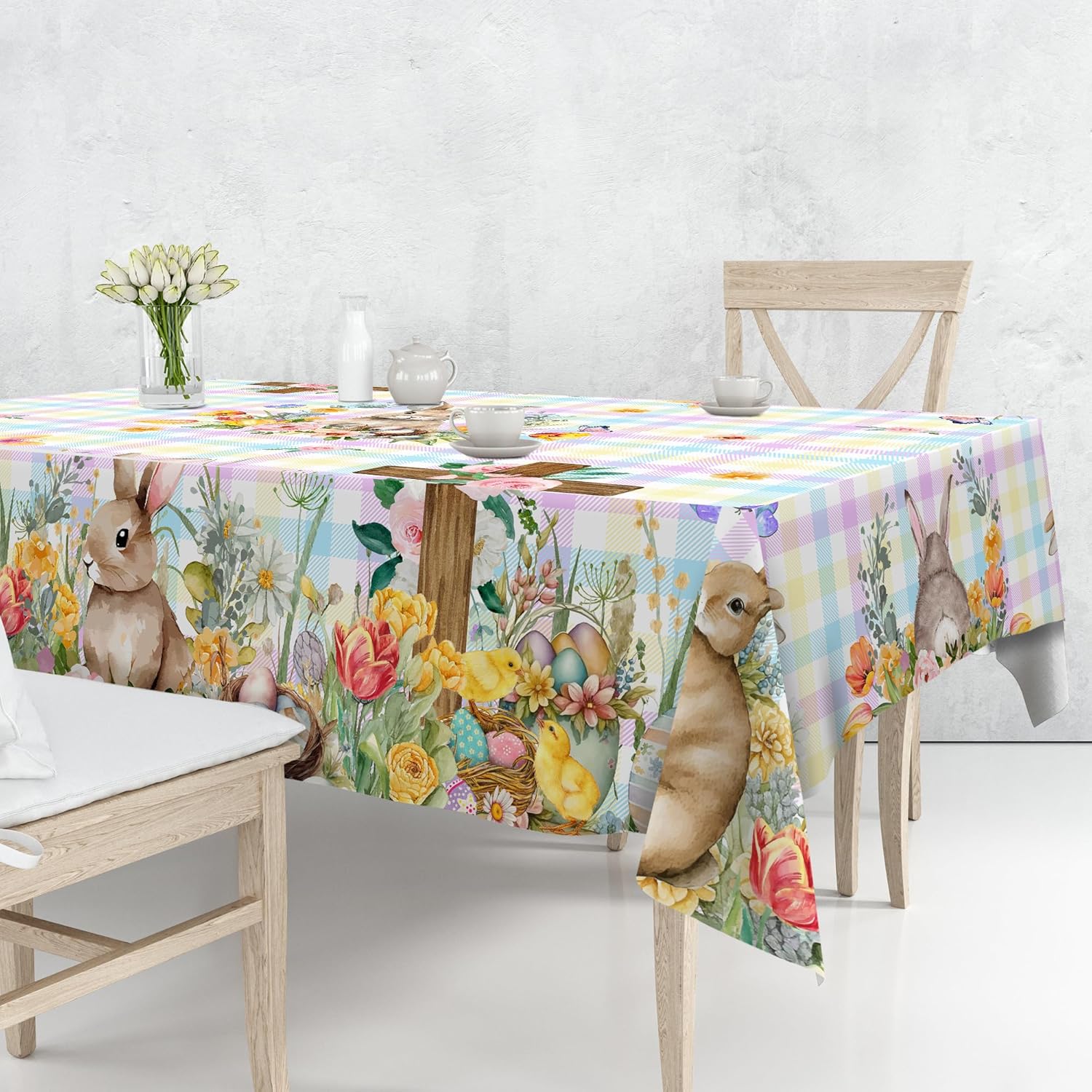 Mantel redondo de Pascua de 70 pulgadas con conejo y huevos, mantel redondo de Pascua a cuadros para comedor, tulipanes florales para decoración de