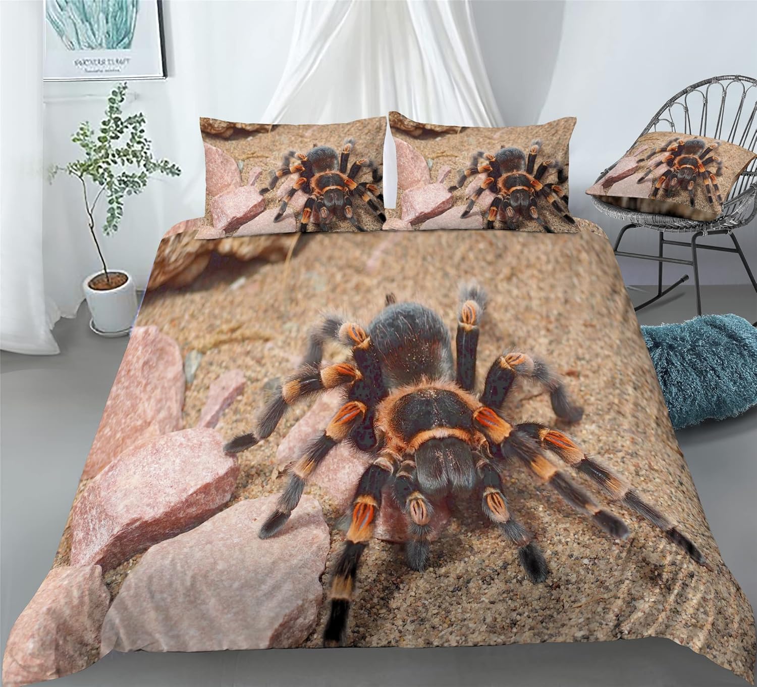 REALIN Juego de funda de edredón con diseño de tarántula de araña roja con temática de insectos para niñas y niños, juego de cama de 234 piezas,