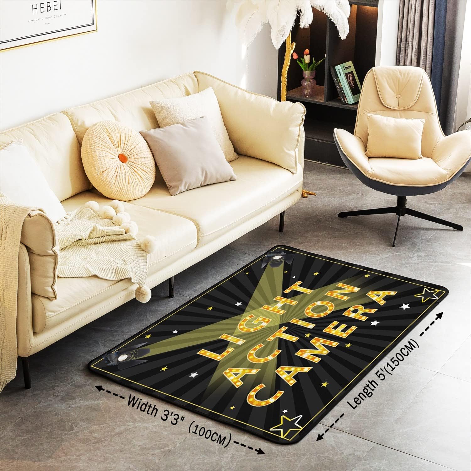 Alfombra vintage de cine, para sala de cine, para interiores, sala de estar, alfombra de área negra dorada, 5 x 7 pies