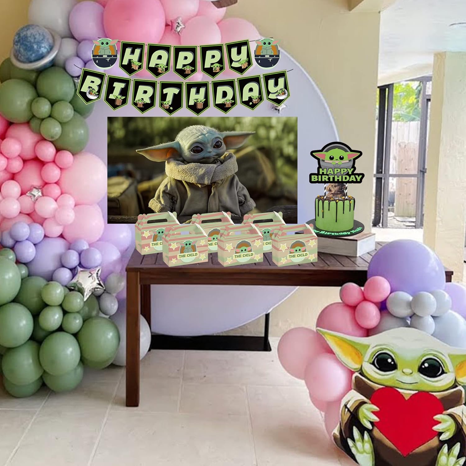 DOCOKY Caja de regalo de suministros para fiesta de cumpleaños de Yoda, decoración de fiesta de Yoda para bebé, caja de dulces de papel, recuerdos