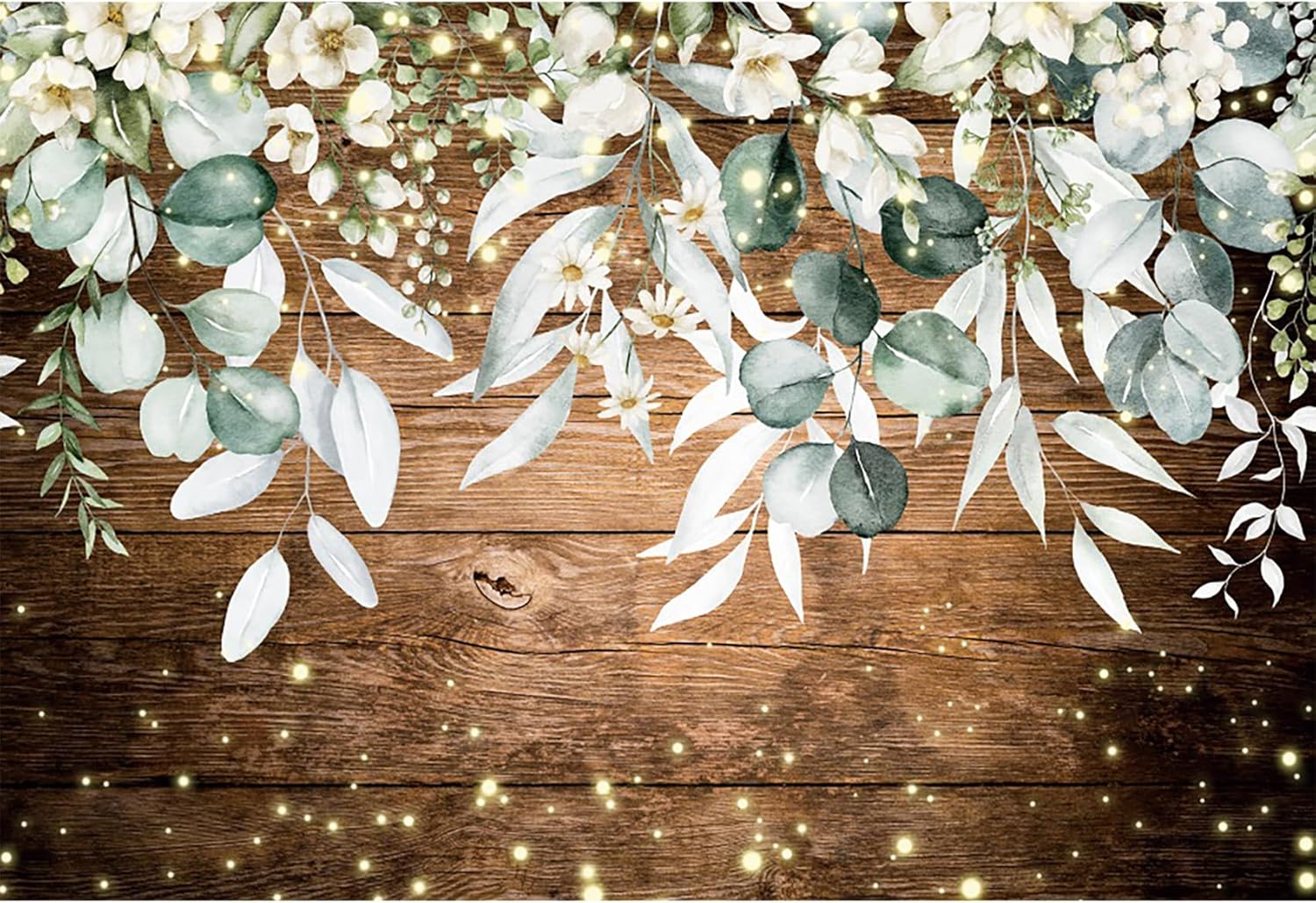 AWERT Telón de fondo rústico de madera floral de 10 x 8 pies, acuarela vegetación blanca, tablones de madera marrón vintage, fondo de fotografía,