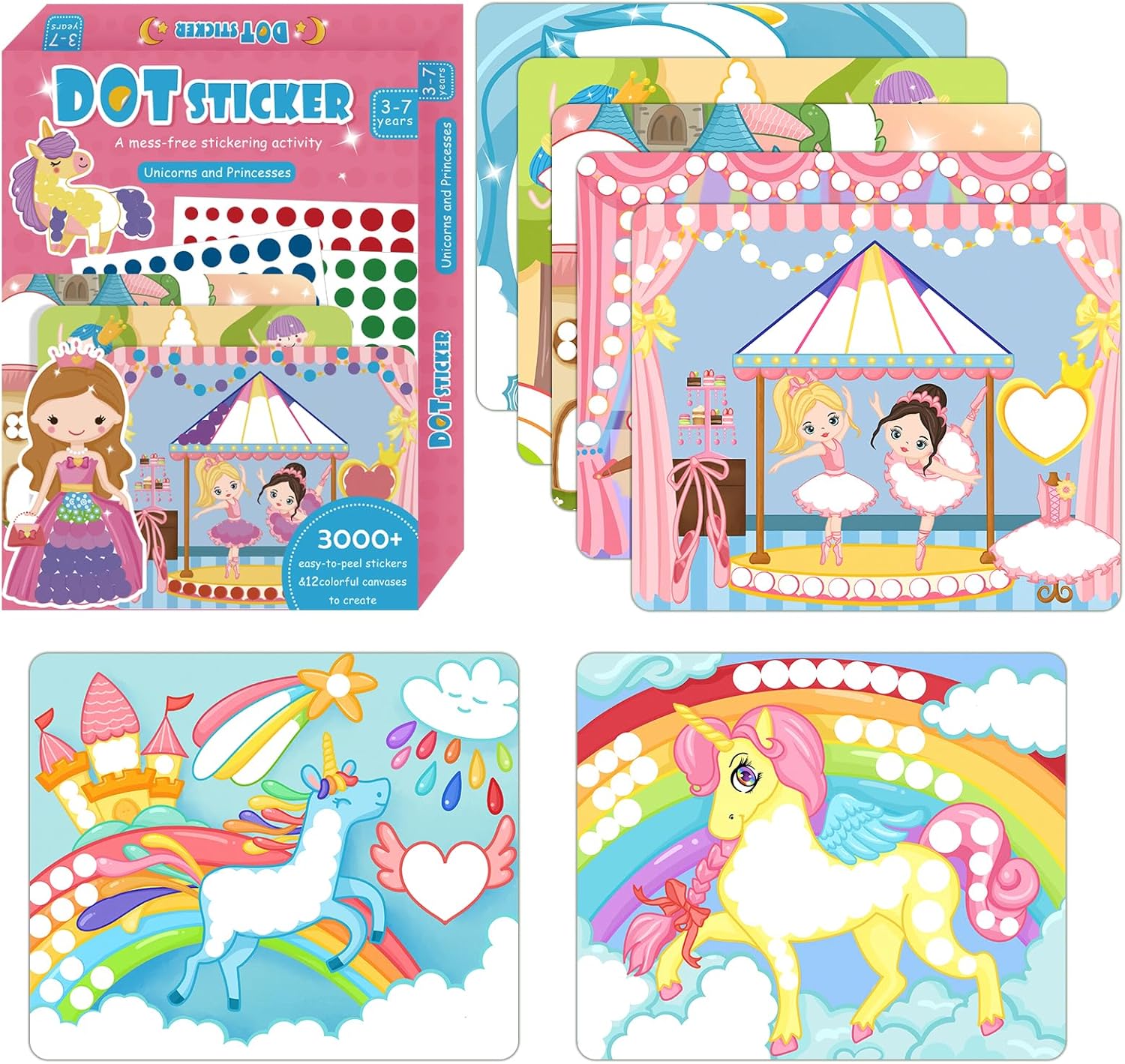 Weipbwor DIY Dot Sticker Art Craft, 12 imágenes temáticas de unicornio y princesa sirena, arte adhesivo sin ensuciar, juegos de iluminación, viajes