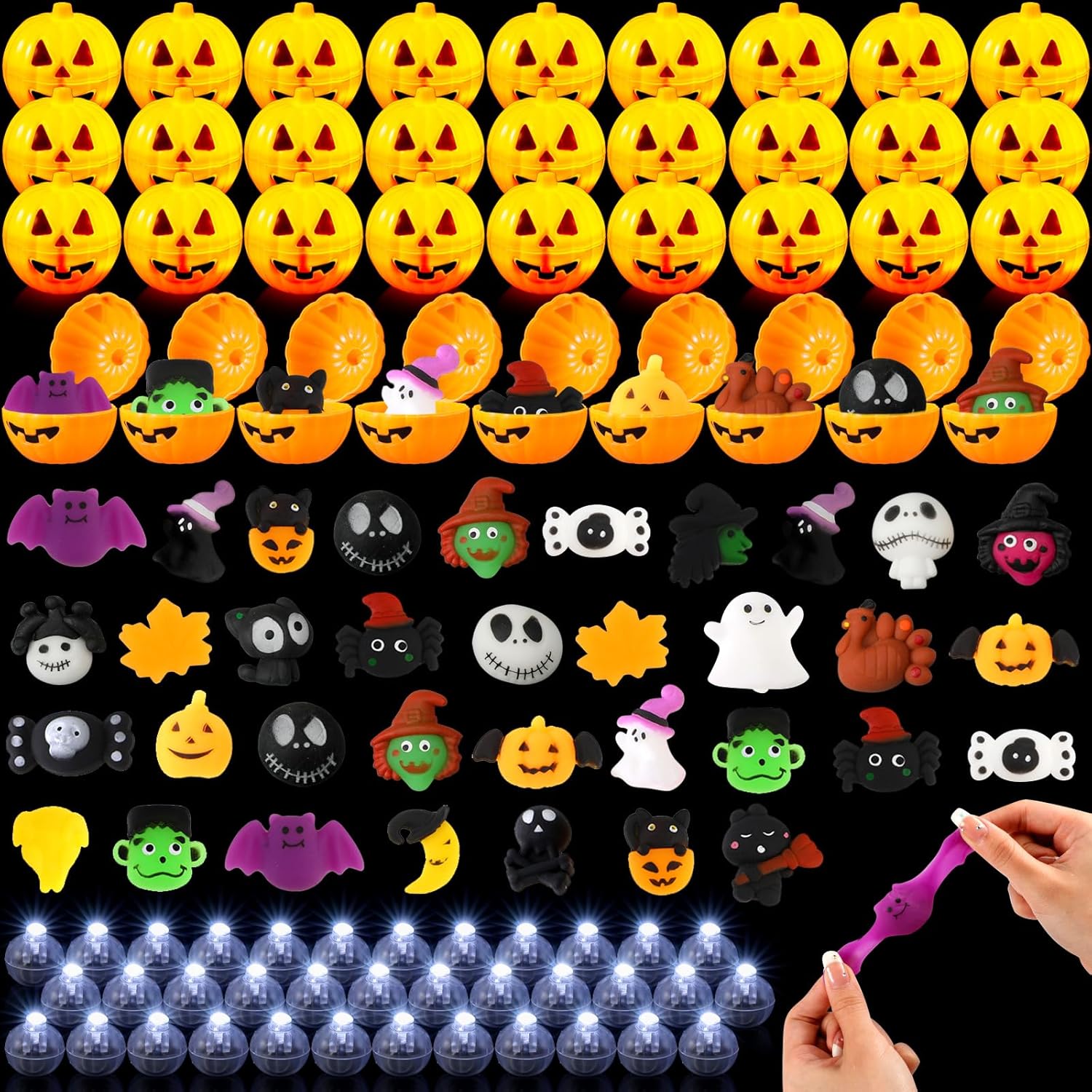 36 piezas de huevos de caramelo de calabazas de Halloween con juguetes de Halloween, bola brillante, recuerdos de fiesta, mini tarros de calabaza