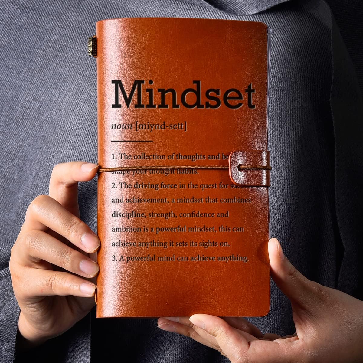 Cuaderno de cuero con definición de mentalidad inspiradora de mujeres y hombres, diario de viaje motivacional de cuero en relieve