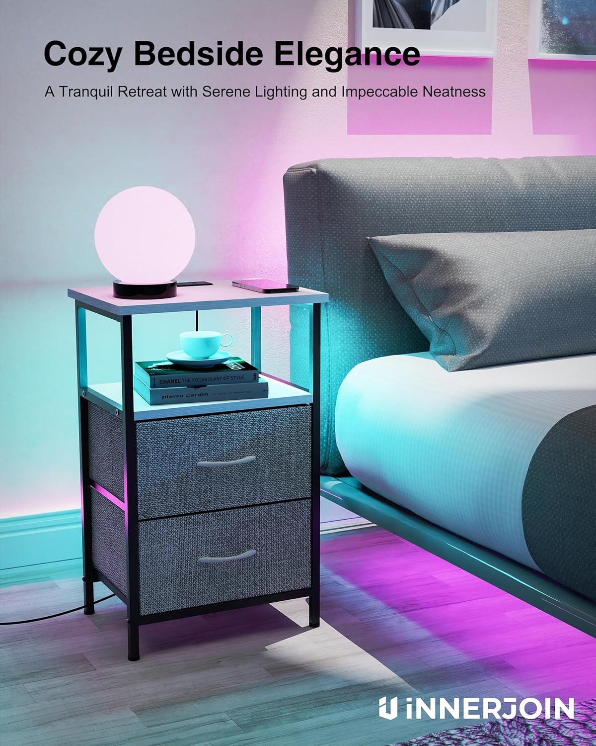 Innerjoin Mesita de noche con estación de carga puertos USB A y C, mesita de noche LED con 2 cajones y estante de almacenamiento, soporte de cama