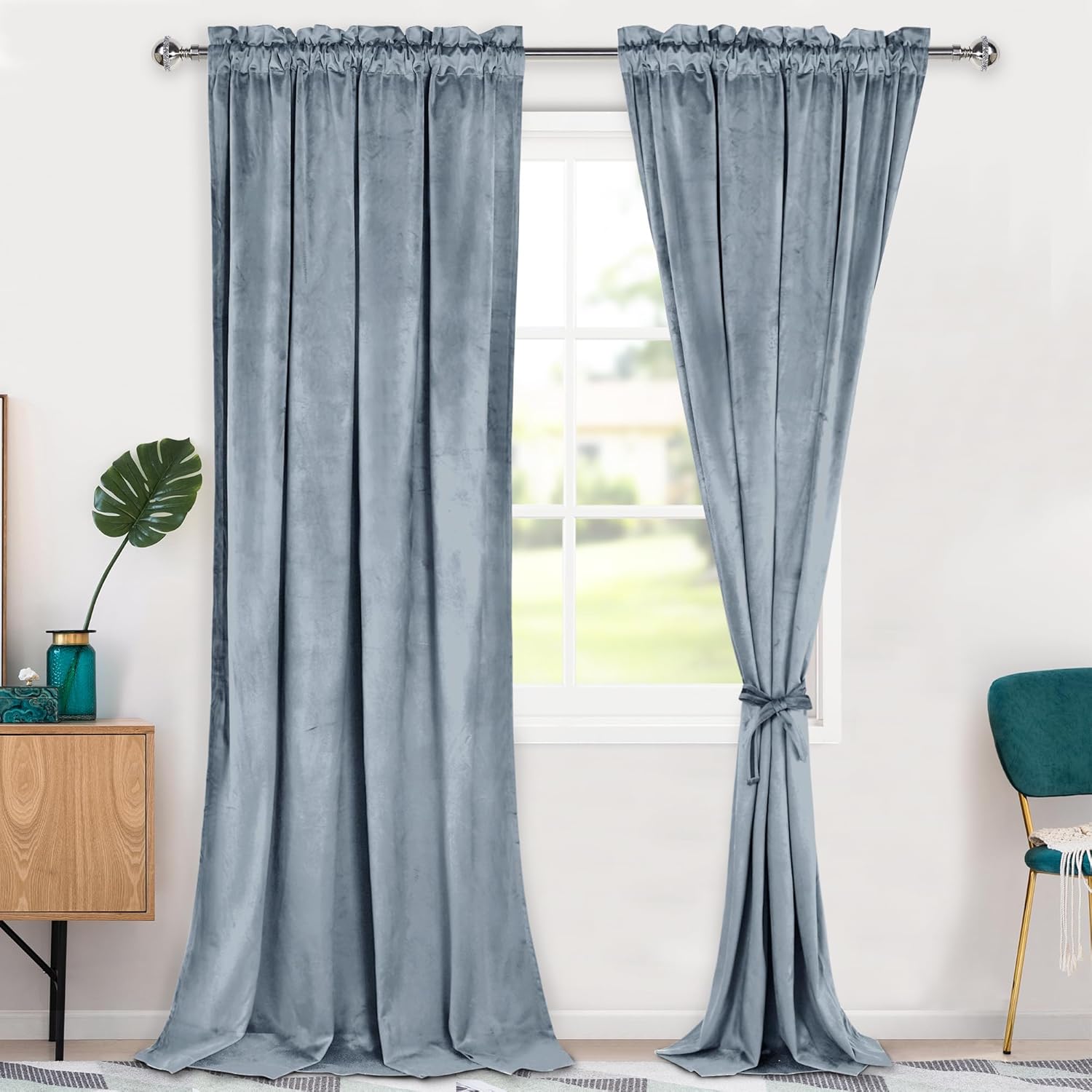 Hiasan Cortinas opacas de terciopelo de 96 pulgadas, con aislamiento térmico y alzapaños, para oscurecer la habitación, con alzapaños, para