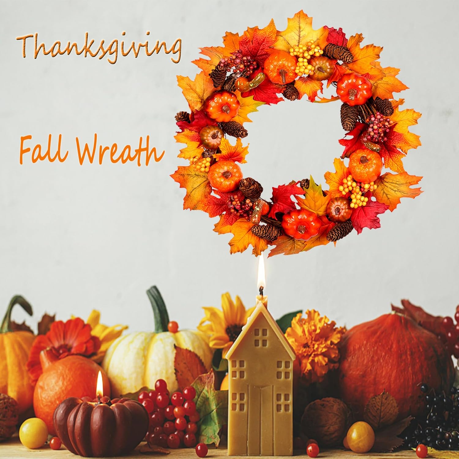 Corona de otoño de 16 pulgadas para puerta delantera, coronas de calabazas artificiales, corona de cosecha de otoño artificial con hojas de arce,