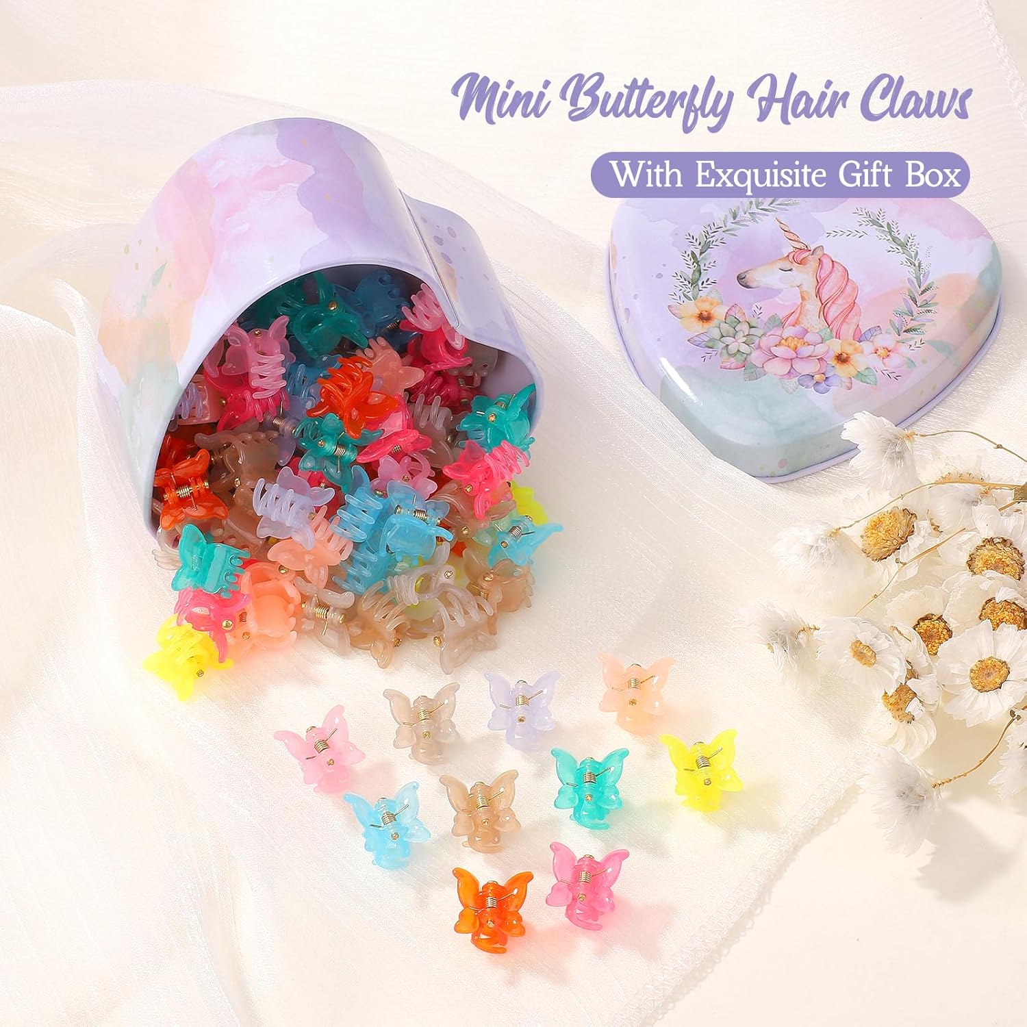 Choicbaby 80 mini pinzas de mariposa para el cabello para niñas, 10 colores, 90, mini pinzas para el cabello con caja, pinzas de garra para niños,