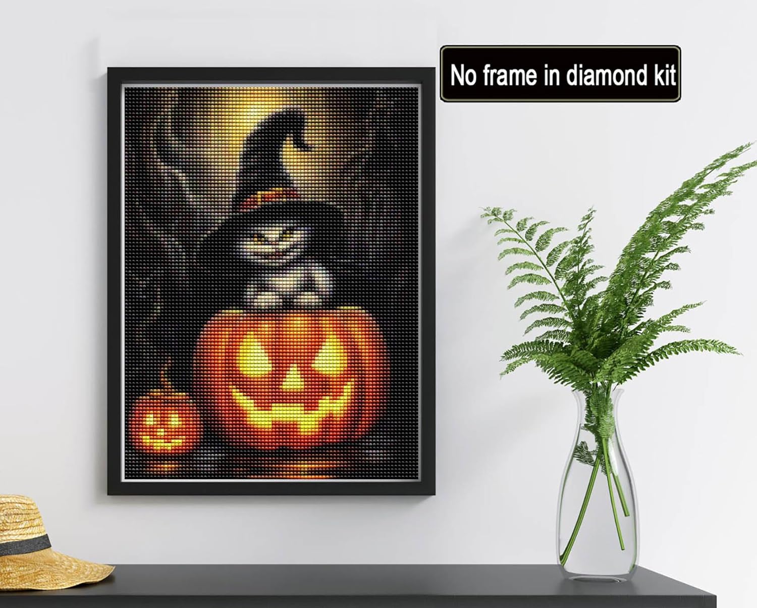 Reofrey Kits de pintura de diamantes para adultos, calabaza, gato, arte de diamantes de Halloween, taladro completo redondo con diamantes de