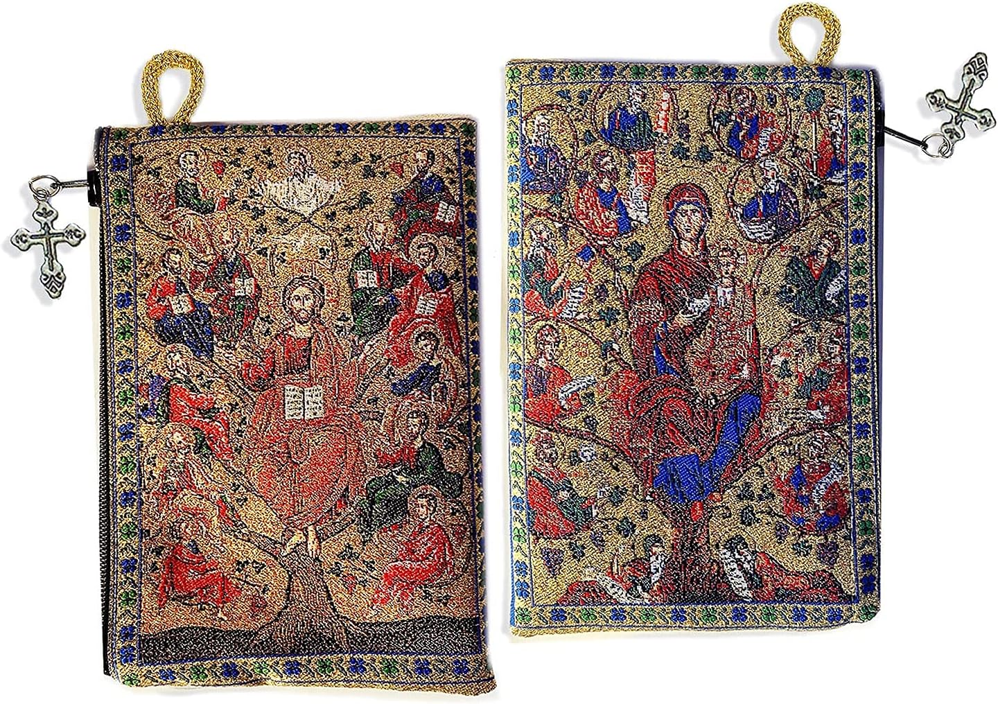 Rosario – Bolsa de tapiz con cuentas de oración de Jesucristo, el árbol de la vida, vid con apóstoles, 2 caras en la parte posterior, funda de