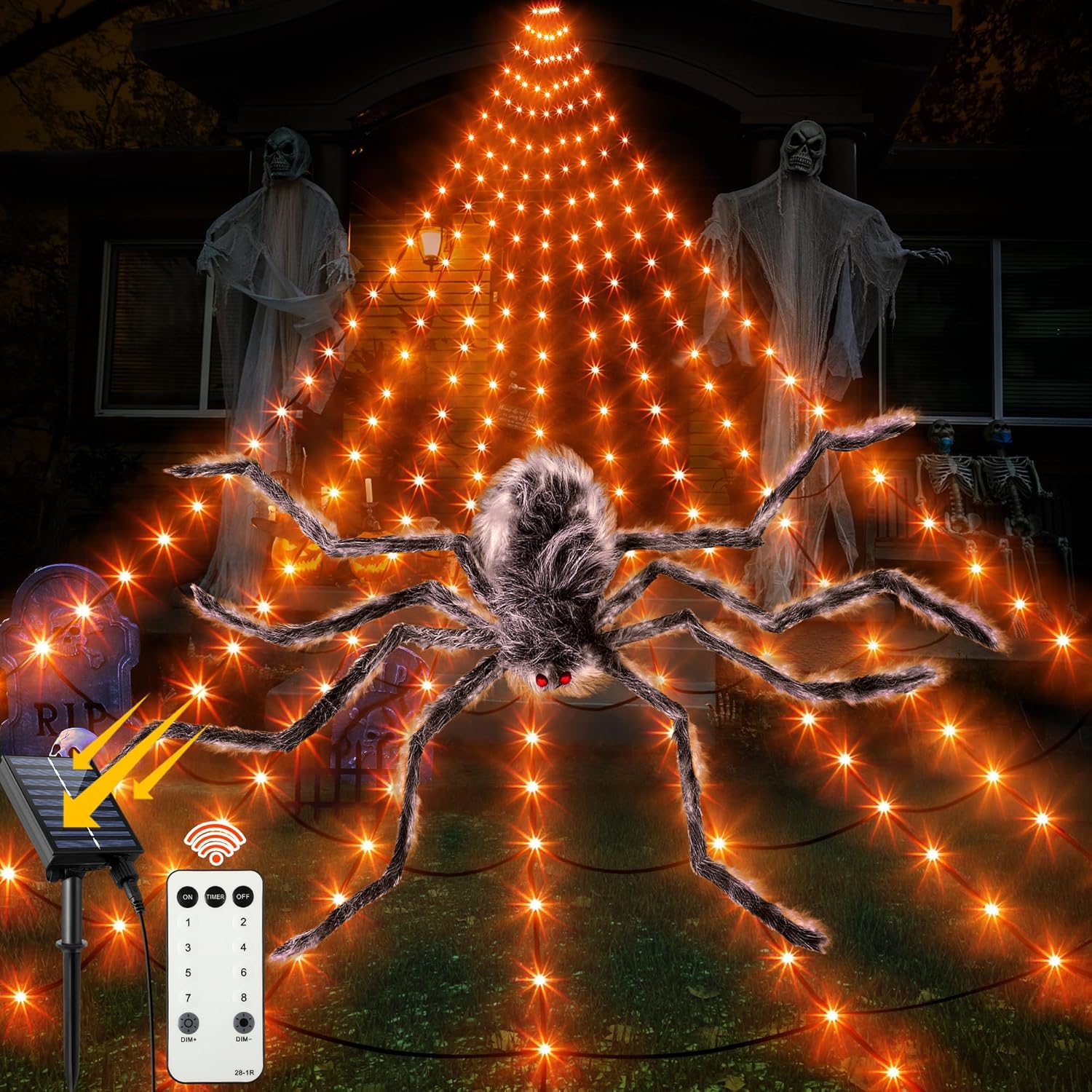 Red de araña solar para decoración de Halloween, 16.4 x 15.7 pies, enorme telaraña triangular alimentada por energía solar, 192 LED, 8 modos,
