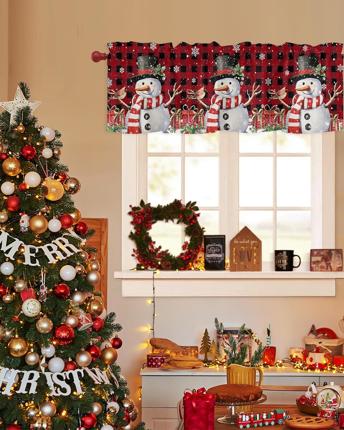 Cenefa de cocina de muñeco de nieve de Navidad, cenefas de ventana de búfalo rojo y negro, cortinas cortas con bolsillo para barra, cenefas de