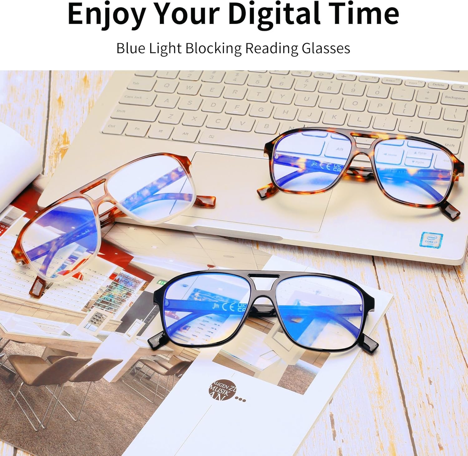 JM Paquete de 3 lentes de lectura de aviador de gran tamaño para mujeres y hombres, retro cuadrados con luz azul para lectura de computadora