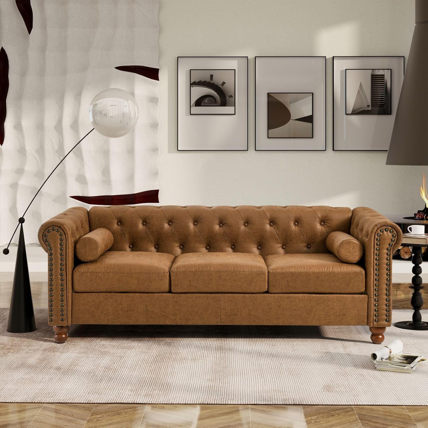 Chesterfield – Sofá clásico grande de tela moderna de 3 plazas con botones capitoné con brazos enrollados y cabeza de clavo para sala de estar,