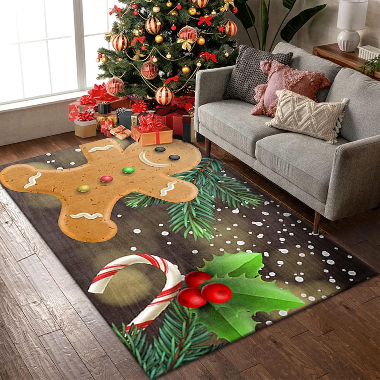Alfombra de Navidad para el suelo, alfombra de hombre de jengibre, alfombra de árbol de Navidad para dormitorio, sala de estar, 59 x 40 pulgadas