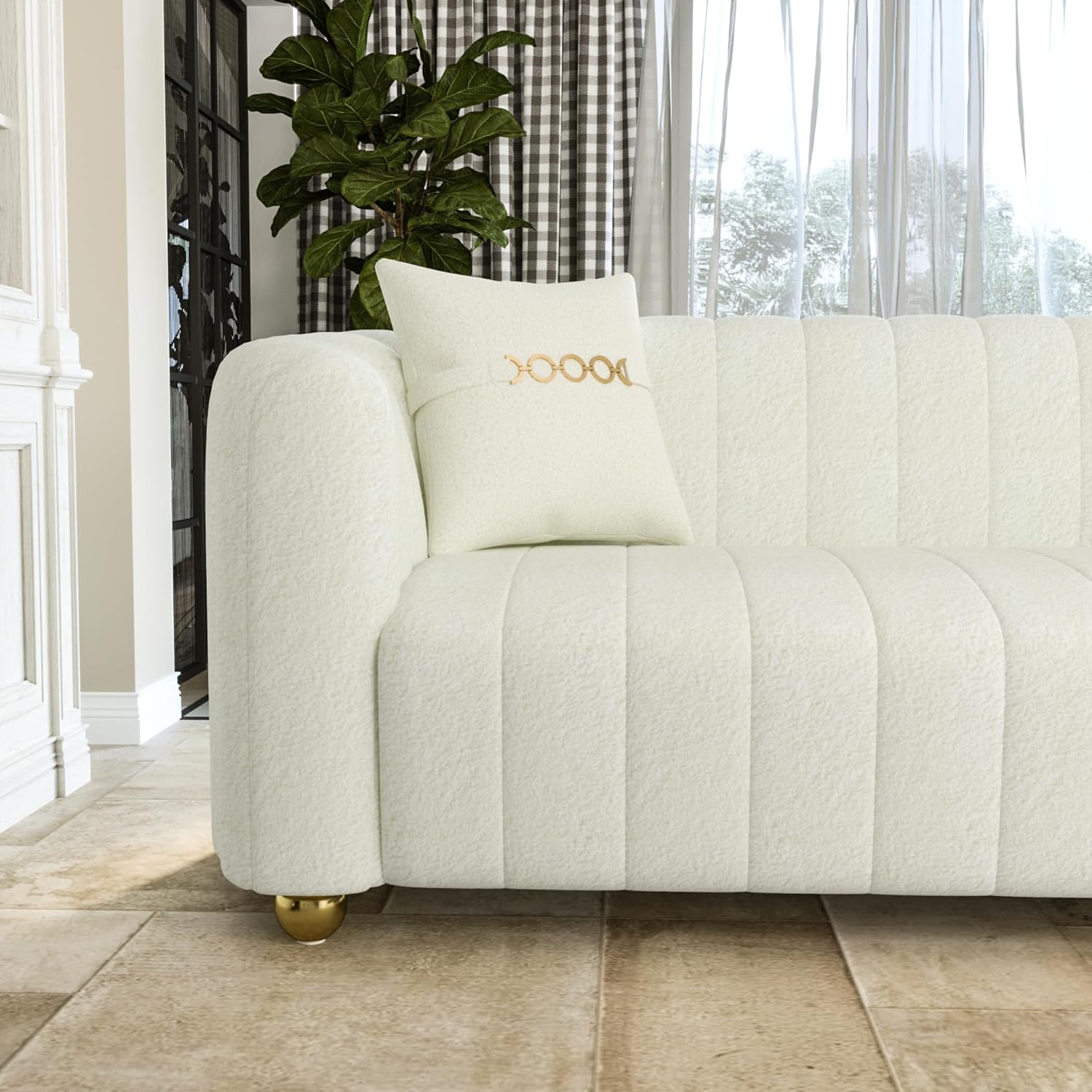Chesterfield – Sofá tapizado de lana de cordero de 83 pulgadas, moderno de mediados de siglo, sofá tapizado para 3 personas con 2 almohadas, patas