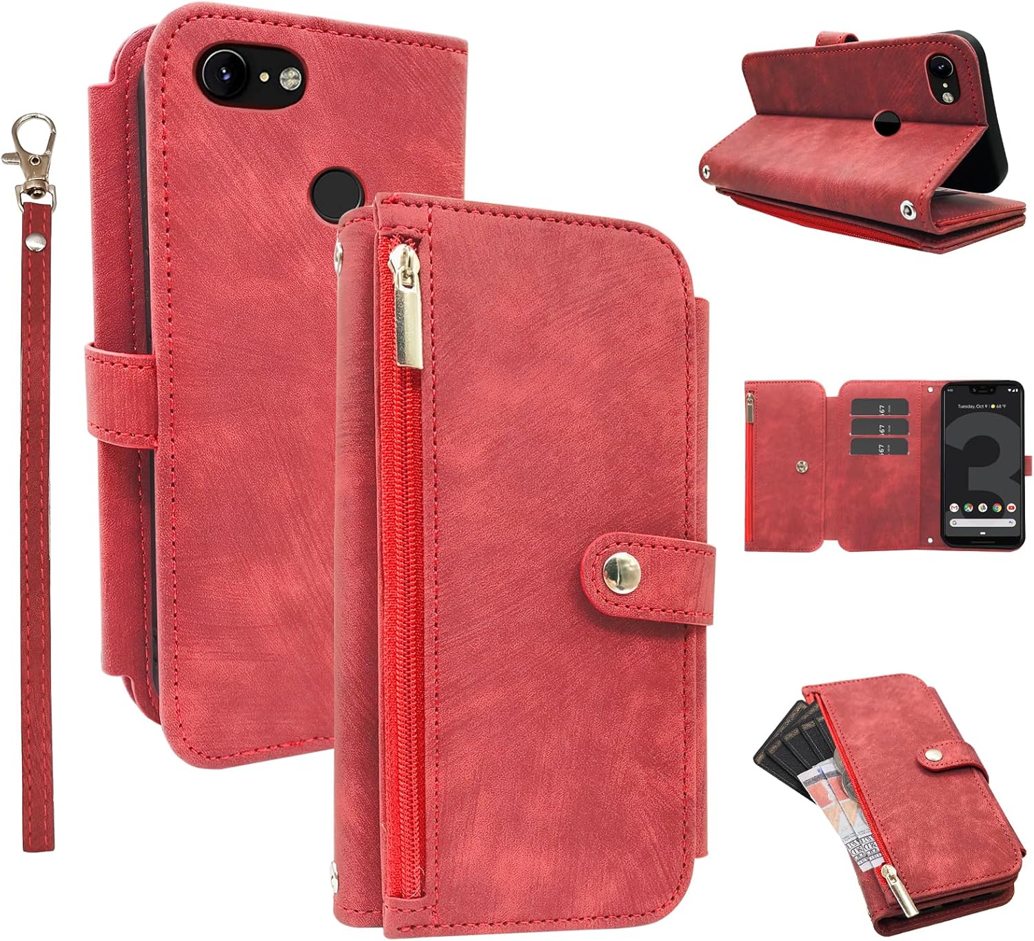 Furiet Compatible con Google Pixel 3 XL – Funda tipo cartera con 9 ranuras para tarjetas, de piel retro, soporte para tarjetas de crédito, soporte
