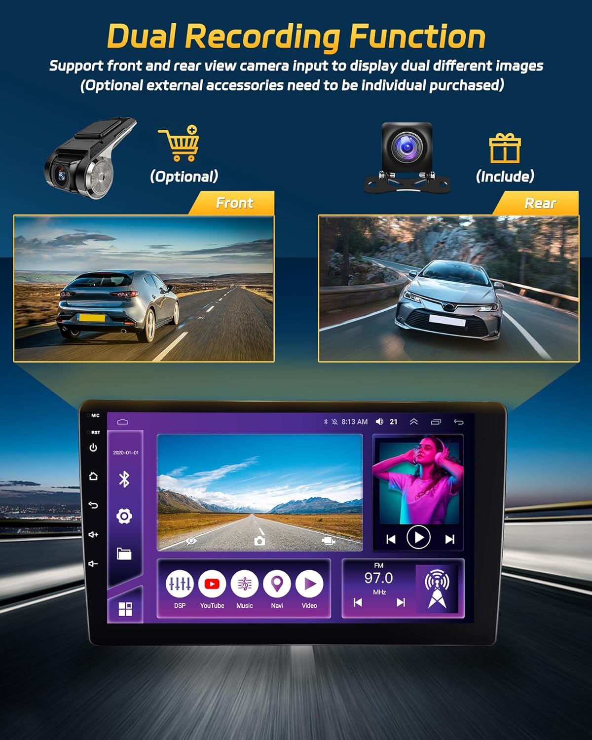 Hikity Android 13 Estéreo de coche inalámbrico Apple Carplay Android Auto, 8 Core 4+64G Doble Din 9 pulgadas Pantalla táctil Audio del coche