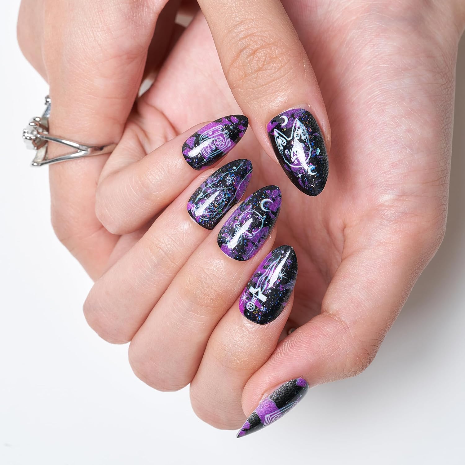 GLAMERMAID – Uñas postizas cortas a presión, color almendra, gótico, morado, pociones, gato, pegamento en uñas de gel, 30 piezas de uñas postizas