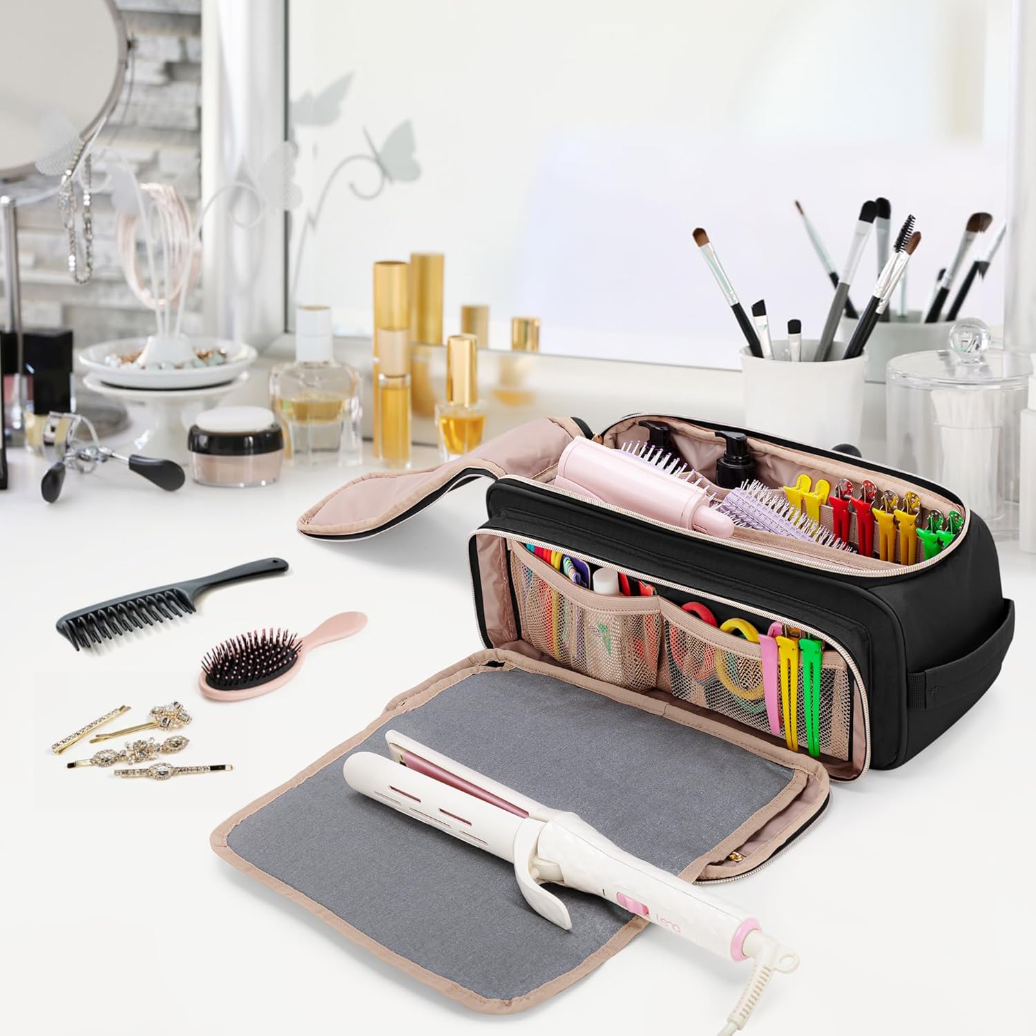 YARWO Bolsa de viaje para herramientas de cabello con alfombrilla resistente al calor para alisador, rizadorplancha plana, cepillo de