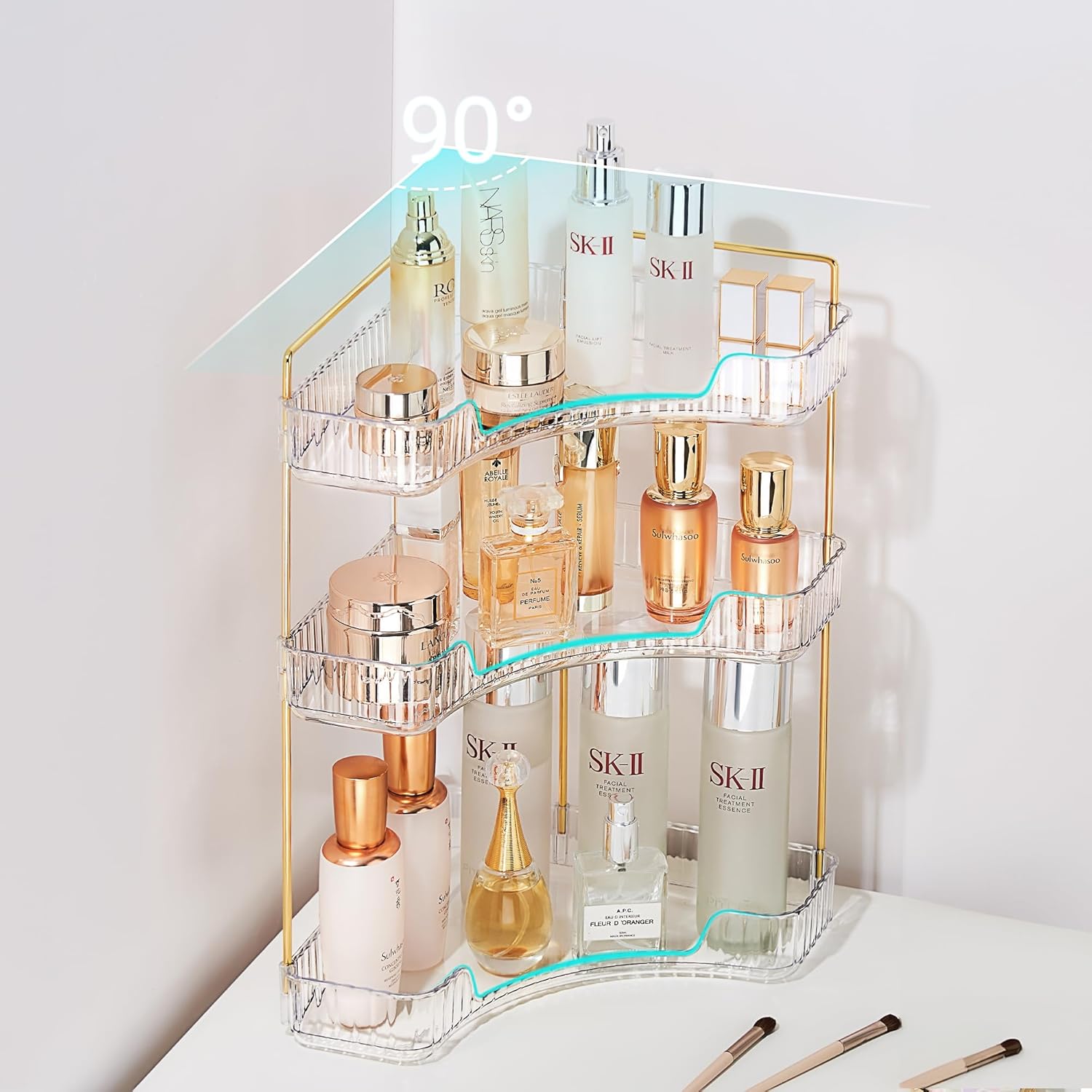 Organizador de maquillaje, organizador de esquina de 3 niveles, organizador de maquillaje acrílico de gran capacidad para tocador, cosméticos de